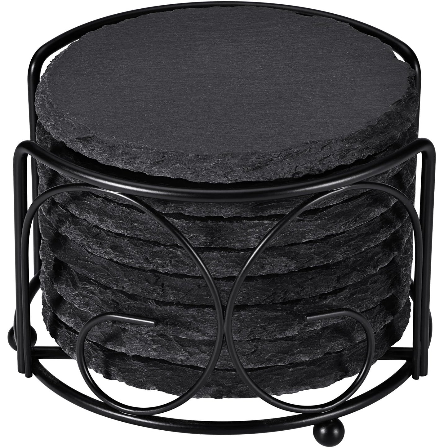 Slate Drink Coasters with Metal Holder, GOH DODD Set of 8 Black Coasters, 4 Inch Stone Coaster Set Tabletop Protection for Home Kitchen Apartment Bar Decor Housewarming Gifts Wedding Party, Round