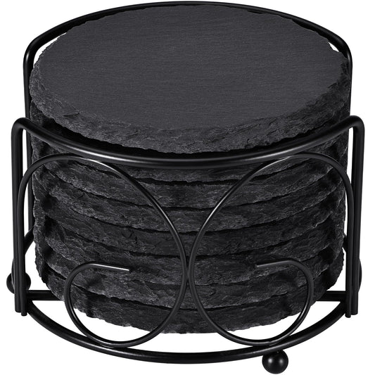 Slate Drink Coasters with Metal Holder, GOH DODD Set of 8 Black Coasters, 4 Inch Stone Coaster Set Tabletop Protection for Home Kitchen Apartment Bar Decor Housewarming Gifts Wedding Party, Round