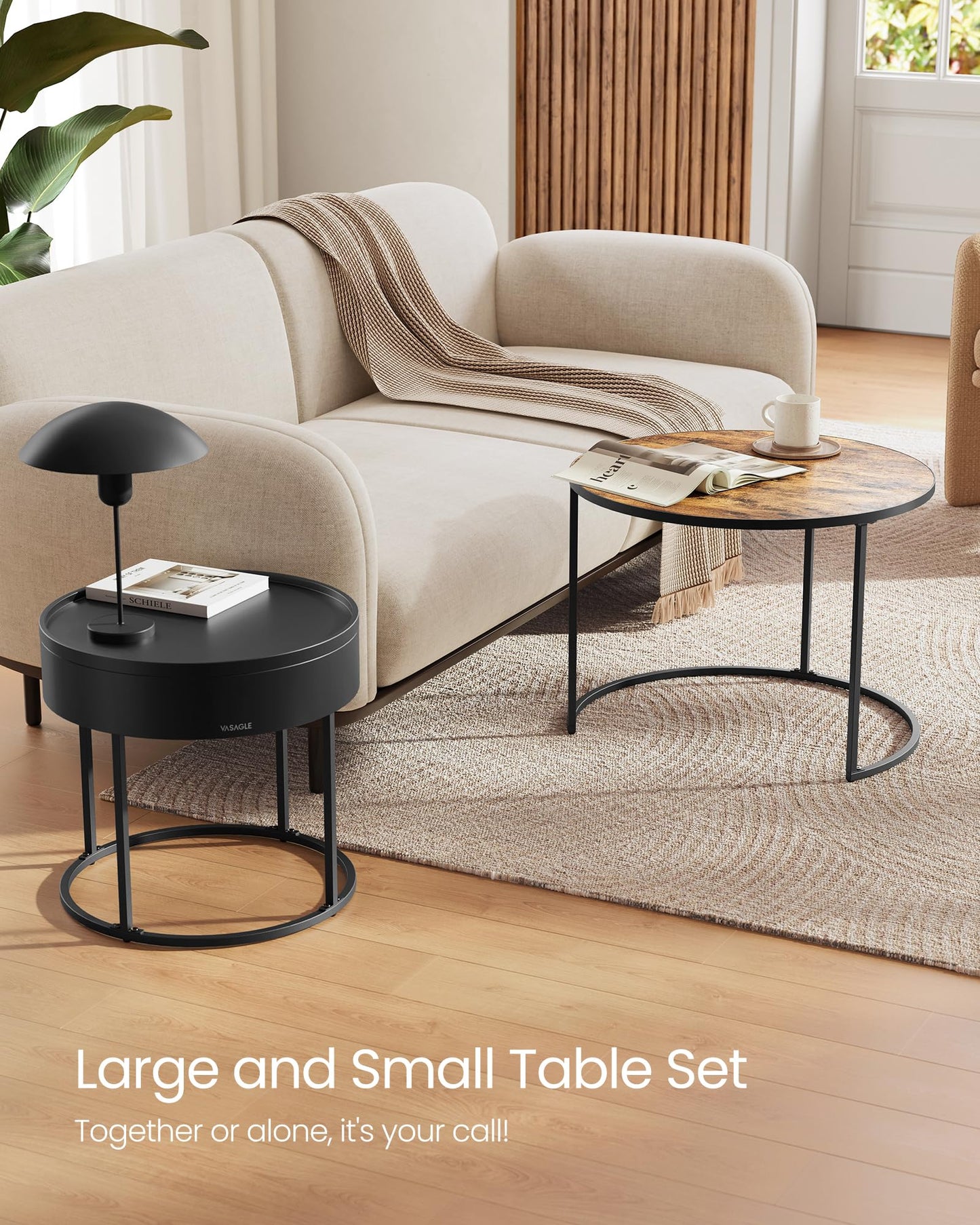 VASAGLE Round Coffee Tables, Set of 2 Nesting Tables, Modern Round Side Tables with Hidden Storage and Top Tray, for Living Room, Bedroom, Office, Rustic Brown and Ink Black ULCT044K01