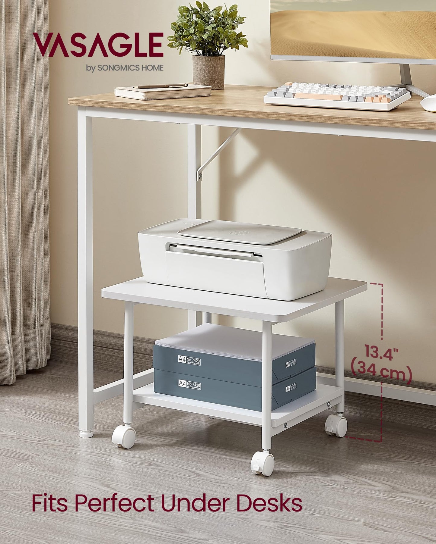 VASAGLE Printer Stand with Locking Wheels, 2-Tier Shelf, Industrial Under Desk Heavy-Duty Mobile Cart for Home Office, White UOPS002W01