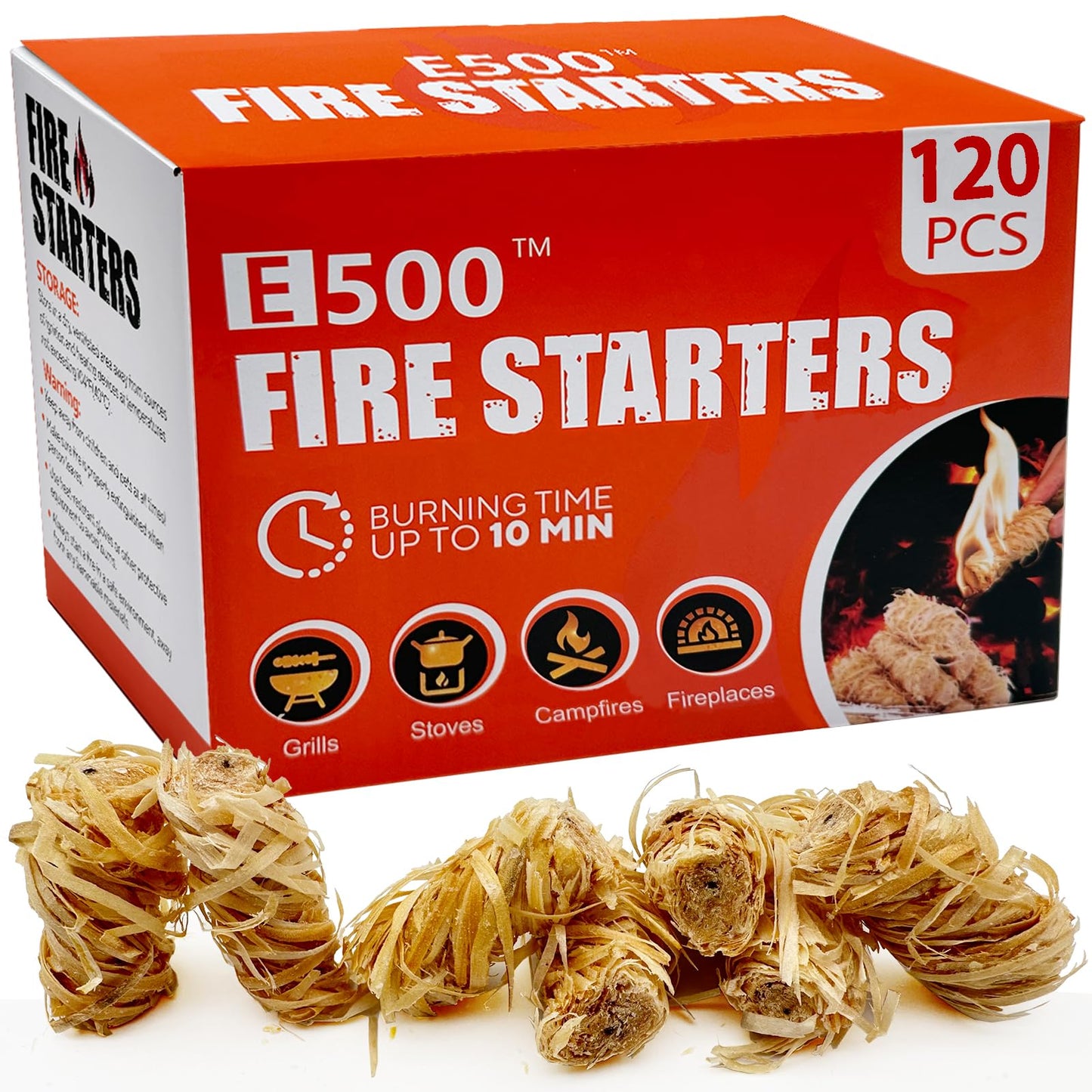 E500 Fire Starter - Natural Fire Starters for Fireplace, Campfires, Chimney, BBQ, Fire Pit & Wood Fireplace - 60 Pack Odorless Pine Firestarter, Charcoal Starter for Grill