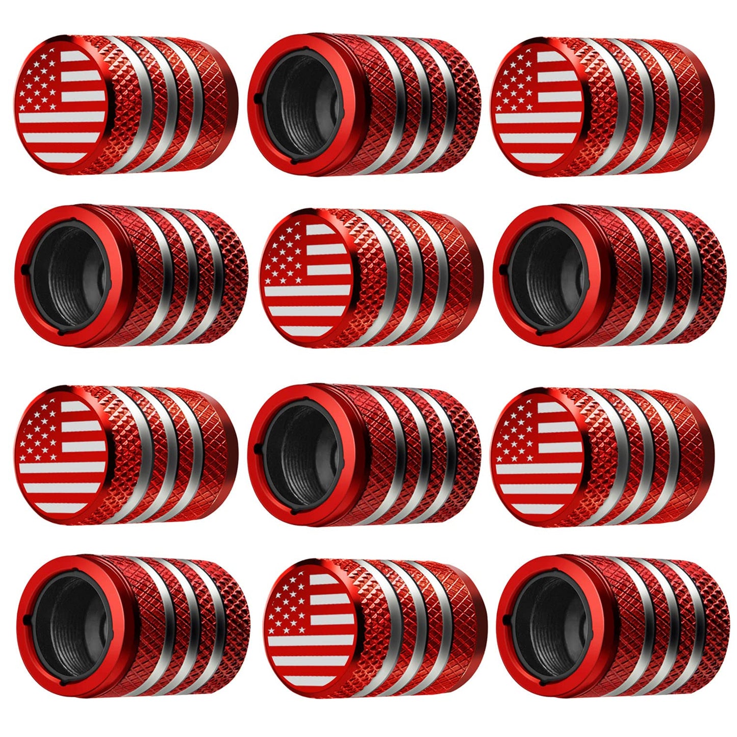 Tire Valve Stem Cap Cover - (12 Pack) Tire Air Cap Metal with Plastic Liner Corrosion Resistant Leak-Proof American Flag for Car Truck Motorcycle Bike Black