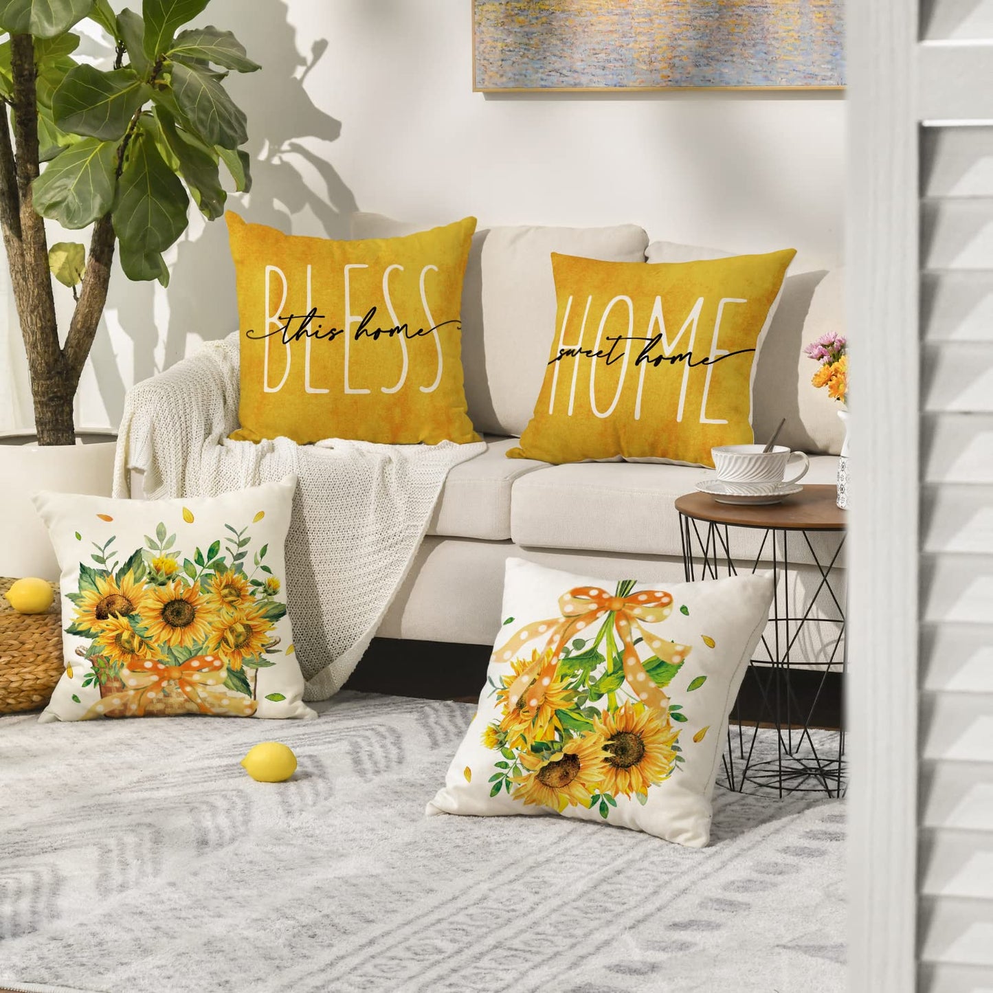 AVOIN colorlife Sunflower Home Sweet Home Bless This Home Summer Throw Pillow Covers, 18 x 18 Inch Yellow Cushion Case for Sofa Couch Set of 4