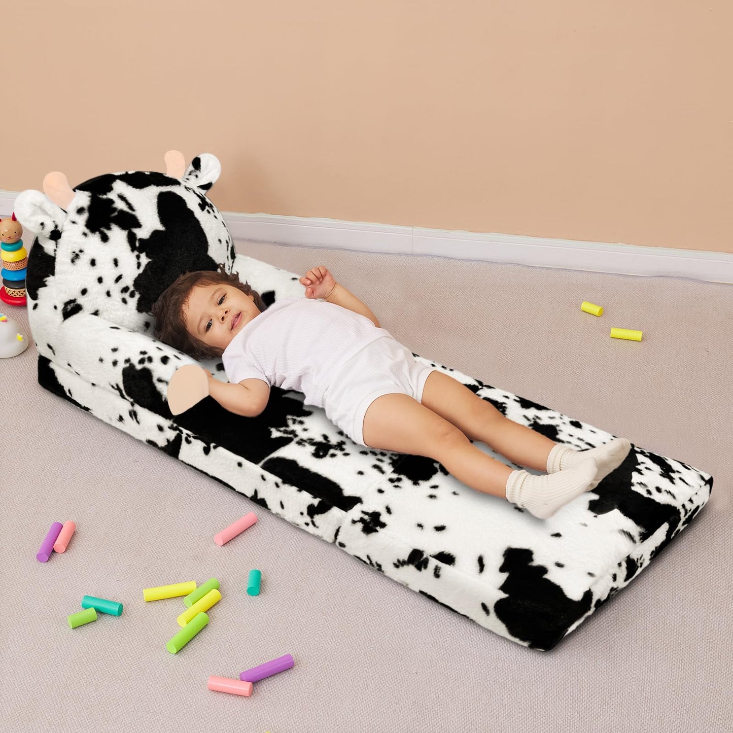 QIUODO Toddler Chair Plush with Removable Cover, 2-in-1 Toddler Couch Fold Out, Cow Shell, Comfy Couch for Kids Over 18 Months, Kids Furniture for Bedroom, Playroom（Cow）