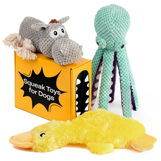 PetSpy Squeaky Stuffed Dog Toy Pack - 3 Dog Chew Toys for Large, Medium, Small Dogs and Puppies- Rope Donkey, Plush Octopus, Crinkle Duck Toy - Pet Supplies Toys for Dogs to Keep Them Busy