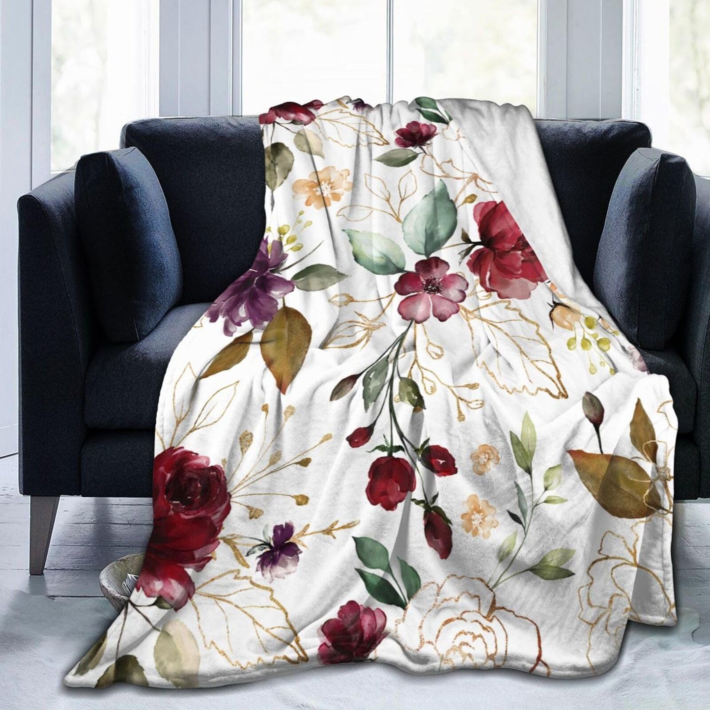 Trendy Rose Gold Flower Pretty Blanket Soft Lightweight Throw Blankets Cozy Flannel Bed Throws for Sofa Couch Travel Home Room Bedroom Decor Gifts for Girls Women Adults 60"x50"