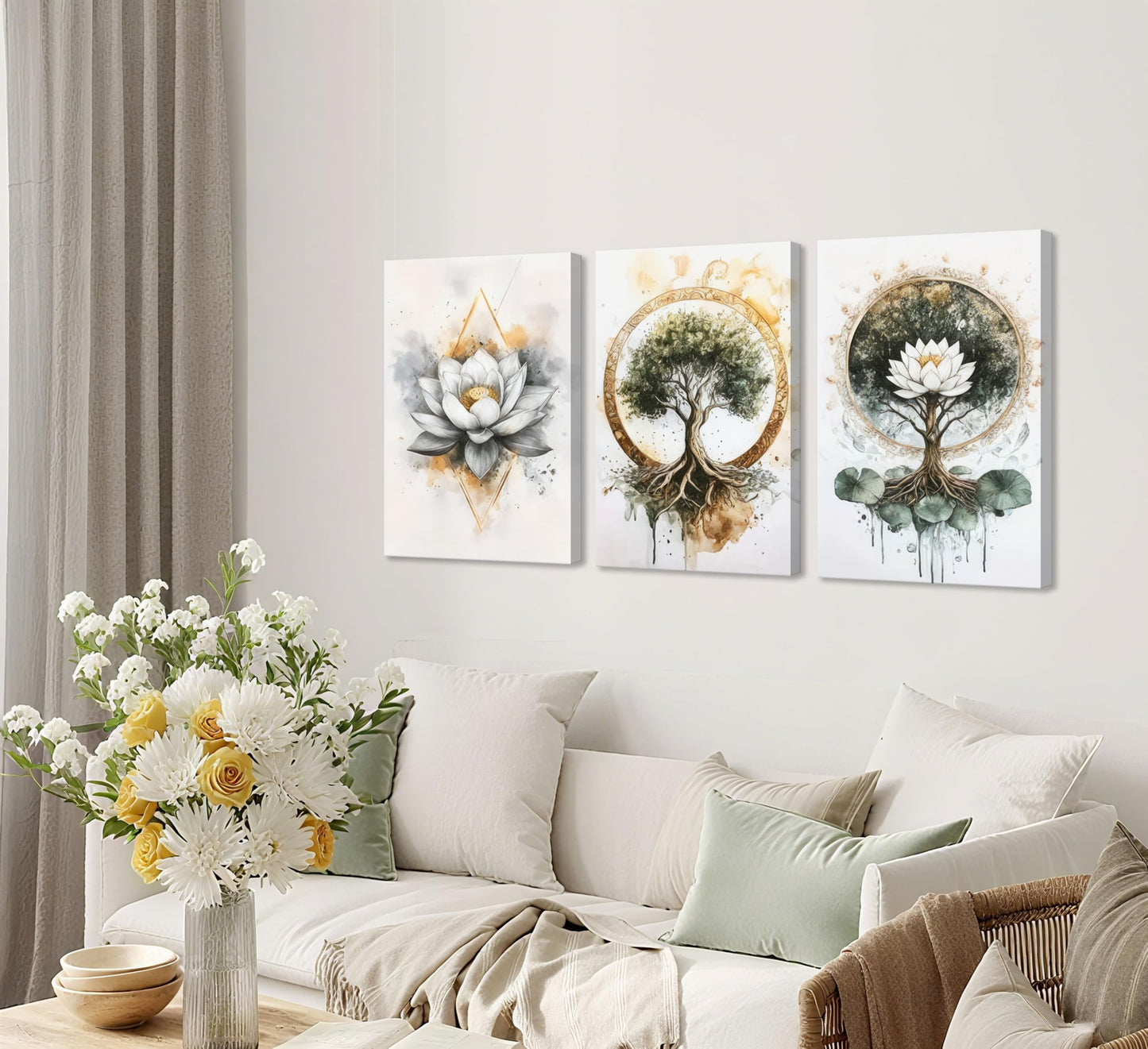 3Pcs Zen Meditation Lotus Canvas Wall Art Spiritual Bathroom Yoga Spa Paintings Pictures Wall Decor Tree of Life Posters Prints Artwork for Living Room Office Bedroom Home Decoration.