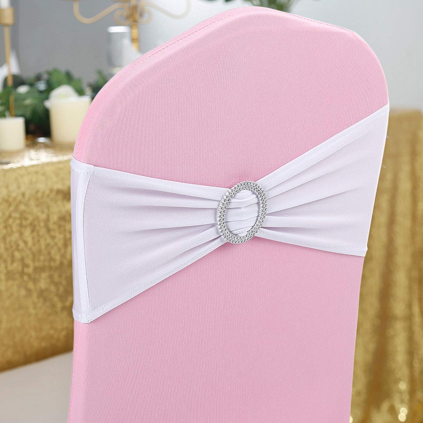 Peomeise 25pcs White Spandex Chair Sashes with Buckle Slider for Wedding, Party Decoration
