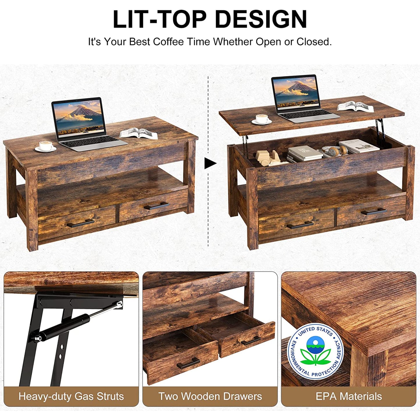 FABATO 41.7'' Lift Top Coffee Table with 2 Storage Drawer Hidden Compartment Open Storage Shelf for Living Room Dining Table Reception Room Rustic Brown