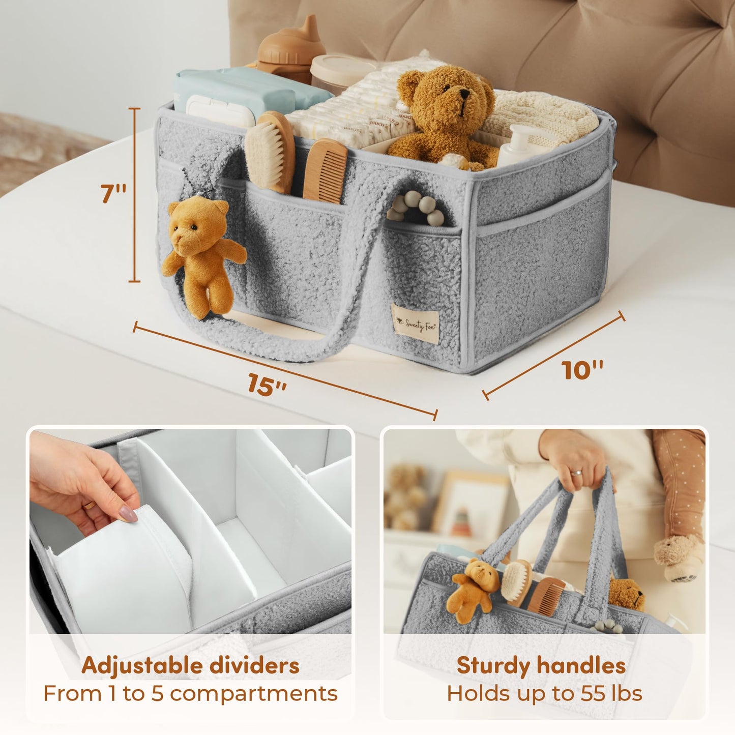 Sweety Fox Baby Diaper Caddy Organizer with Handle - Portable Sherpa Nursery Basket - Car Diaper Organizer, Cleaning Caddy, Gift for Baby Shower - Grey