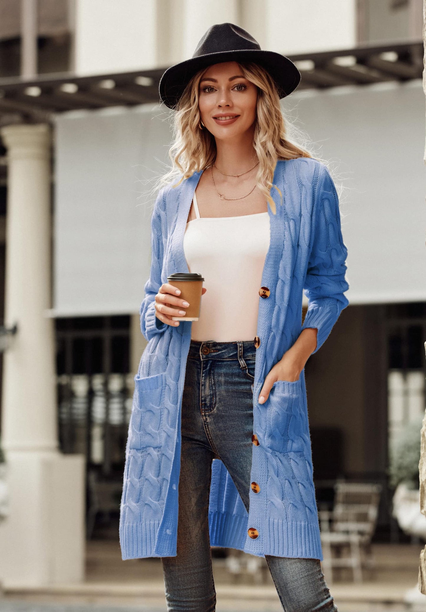 PRETTYGARDEN Long Sleeve Cable Knit Long Cardigan for Women 2025 Fall Winter Chunky Open Front Button Sweaters with Pockets (Sky Blue, X-Large)