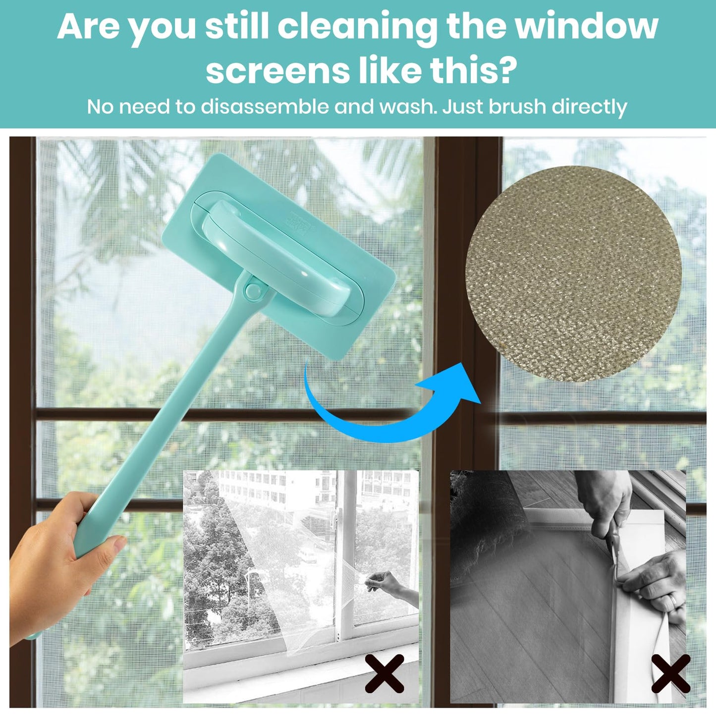 Window Screen Cleaner & Track Cleaning Kit – Mesh Screen Cleaning Brush + 3 Groove Brushes & 6 Replacement Cleaning Cloths – 14.8″ Detachable Long-Reach Handle, Wet & Dry Dual-Use