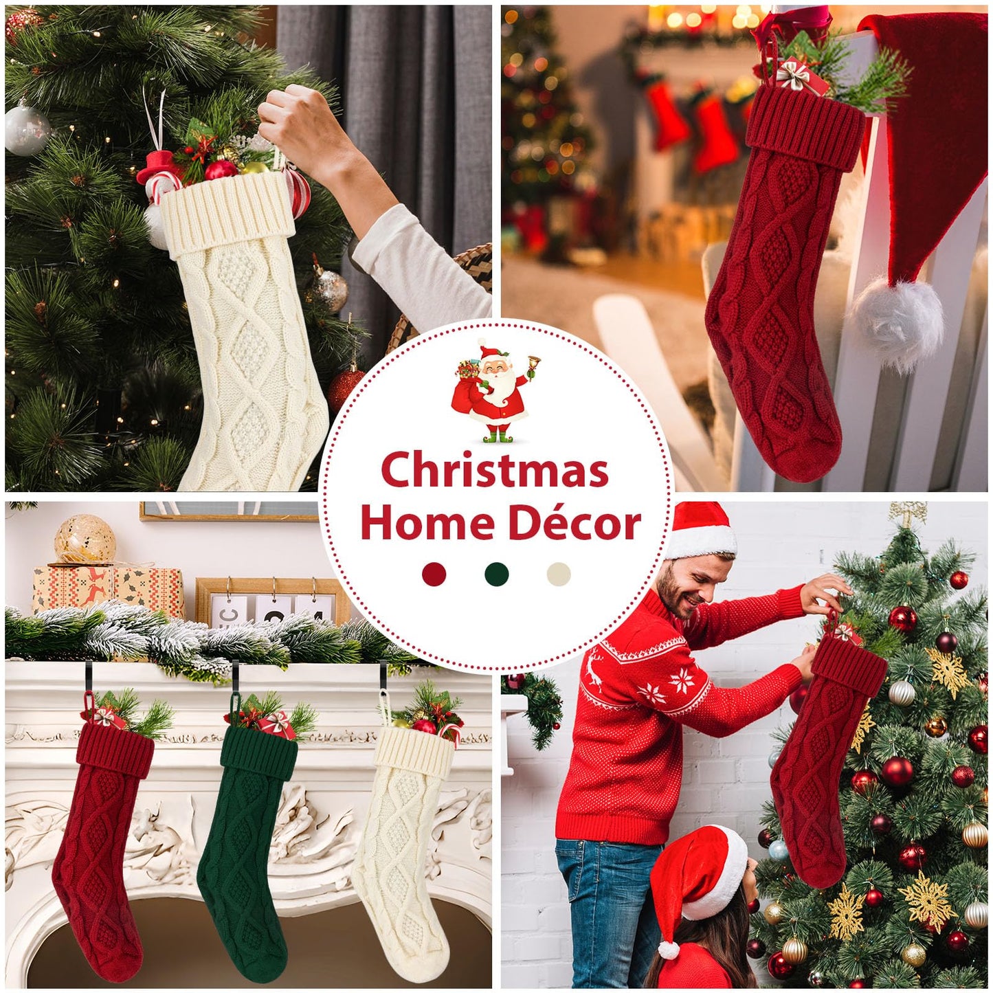 TOVERKAU 18 Inches Christmas Stockings 6 Pack, Traditional Knitted Xmas Hanging Stockings, Red, Ivory, Green, Christmas Holiday Party Decoration