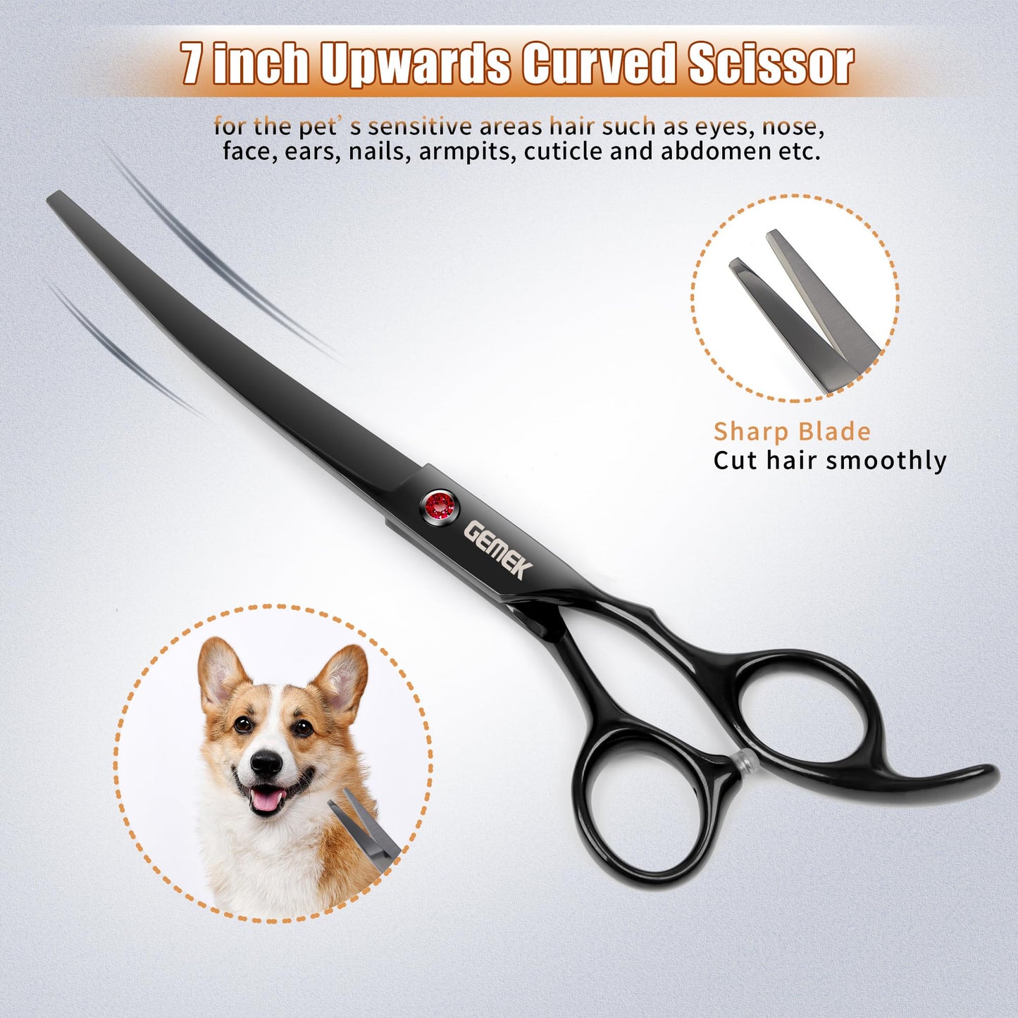 7.0in Titanium Professional Dog Grooming Scissors Set, GEMEK 6 in 1 Straight & Thinning & Upwards Curved & Downwards Curved Scissors & Comb for Dogs, Cats and Other Animals