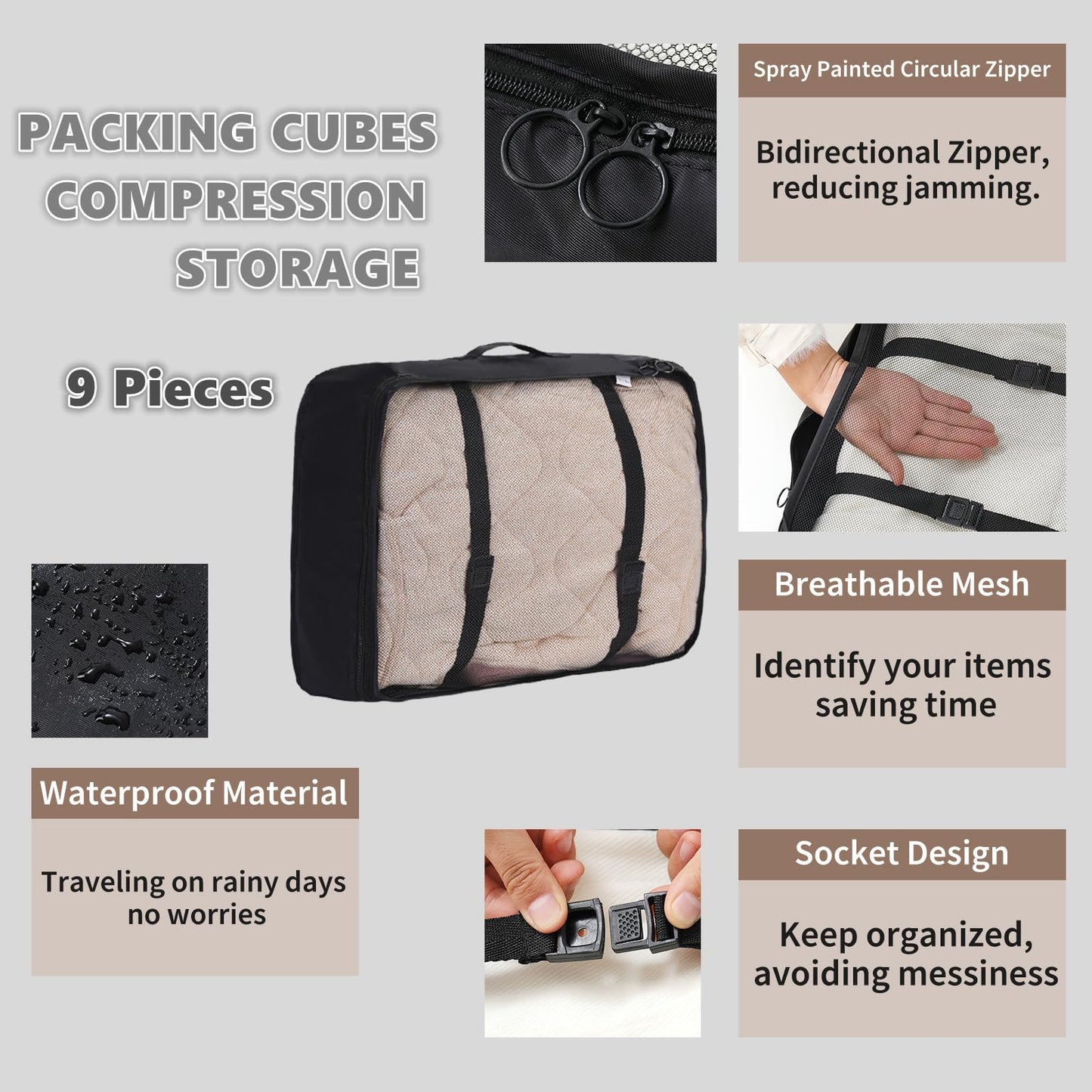Packing Cubes Storage Luggage Organizers Bags 9 set for Travel Clothing Classification Storage Bag (Black, 9 Pieces)