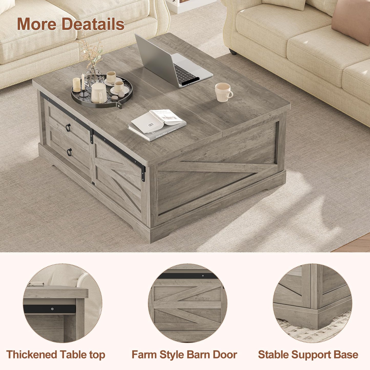 Itaar 39.4'' Lift Top Coffee Table with Storage, Farmhouse Coffee Tables for Living Room, Square Coffee Table with Large Hodden Compartment & 2 Drawrs & Adjustables Shelves (Gray)
