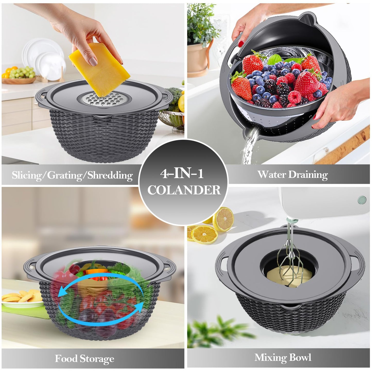 4-in-1 Colander with Bowl Set – Food Strainers and Colanders - Stainless Steel Rotatable Strainer for Fruits & Veggies – Pasta Strainer - Kitchen Essentials - Grey