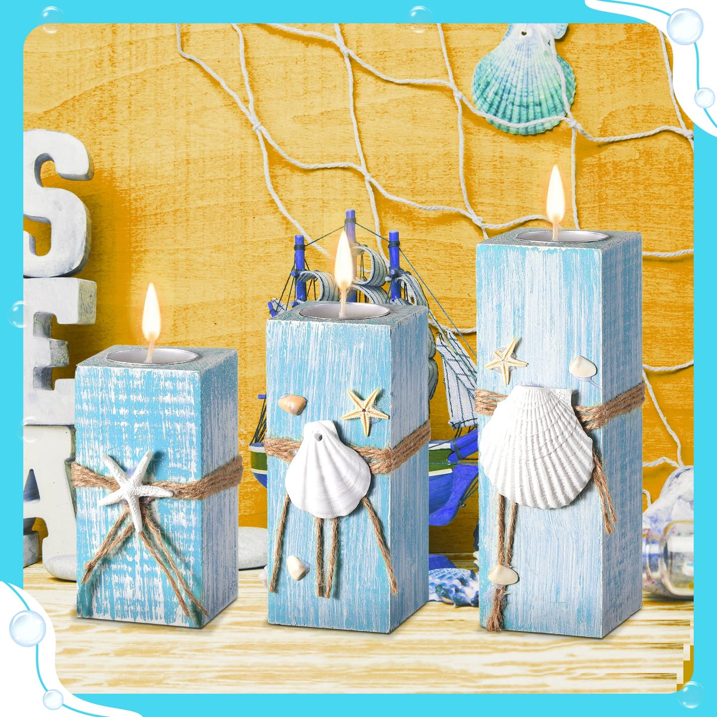 Suzile 3 Pcs Summer Ocean with Candles Tealight Candle Holders Decorations Wood Table Sign Starfish Scallop Tealight Marine Life Candlesticks for Table Centerpiece Tiered Tray Decor