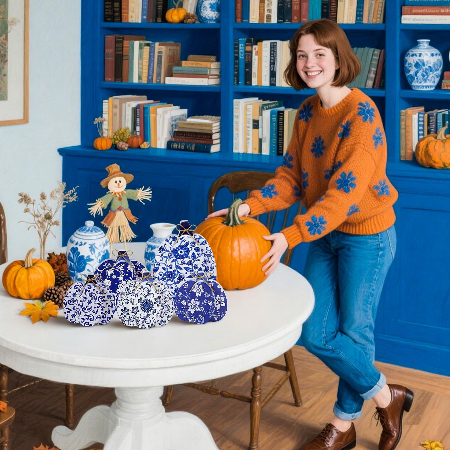 Moucuny 5 Pcs Blue and White Porcelain Pumpkin Decor Chinoiserie Porcelain Fall Pumpkin Sign Autumn Farmhouse Rustic Tiered Tray Decorations Table Centerpieces Standing Wooden Block for Home Kitchen