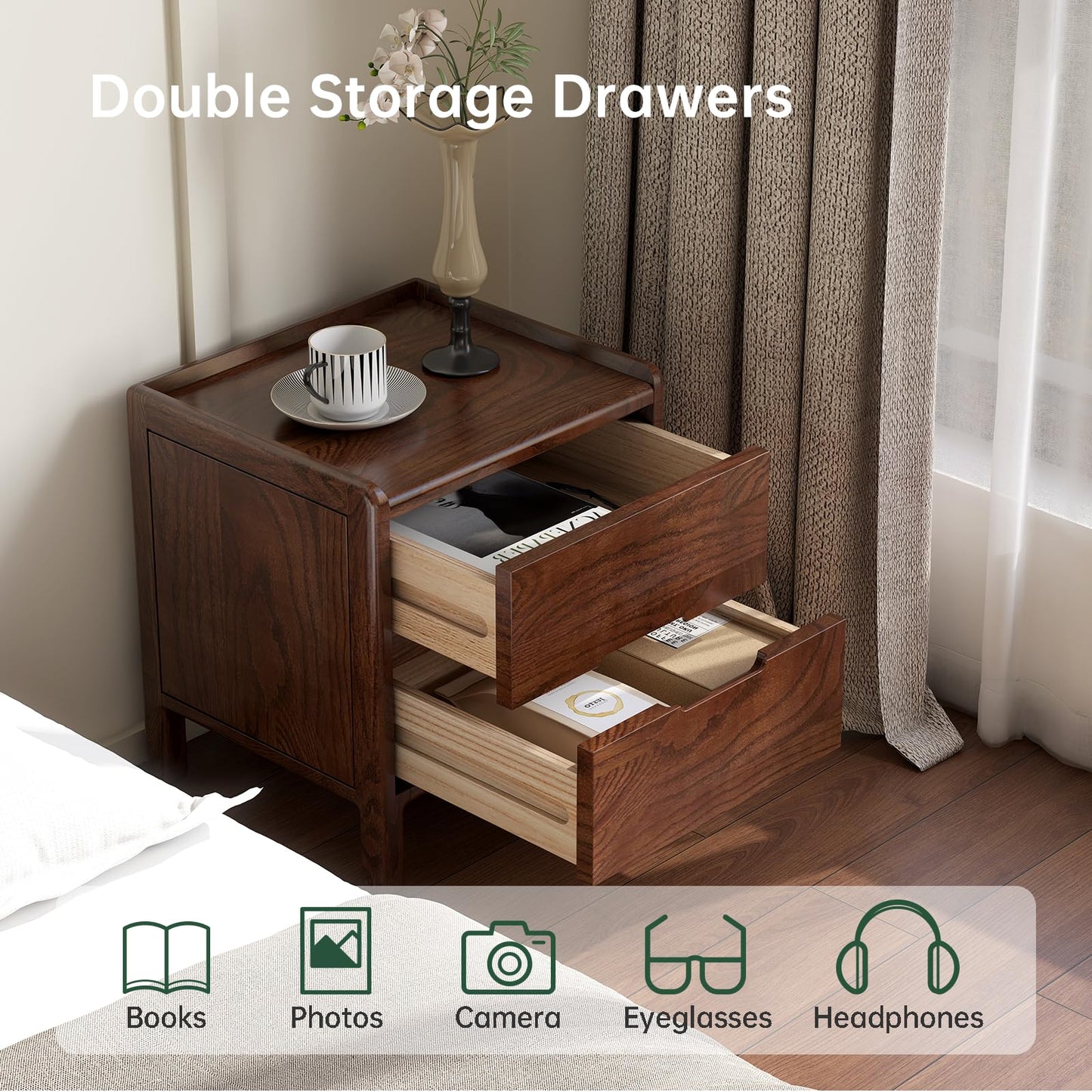 Wayshome Solid Wood Oak Nightstand, Mid Century Modern Night Stand with 2 Drawer, Small Nightstand for Small Spaces, Wood Side End Tables Living Room, Bedroom(Walnut, 17.13" H)