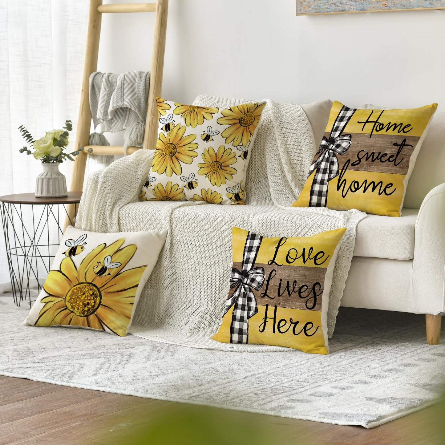 AVOIN colorlife Home Sweet Home Bee Sunflower Throw Pillow Covers, 18 x 18 Inch Love Lives Here Spring Summer Stripes Cushion Case for Sofa Couch Set of 4