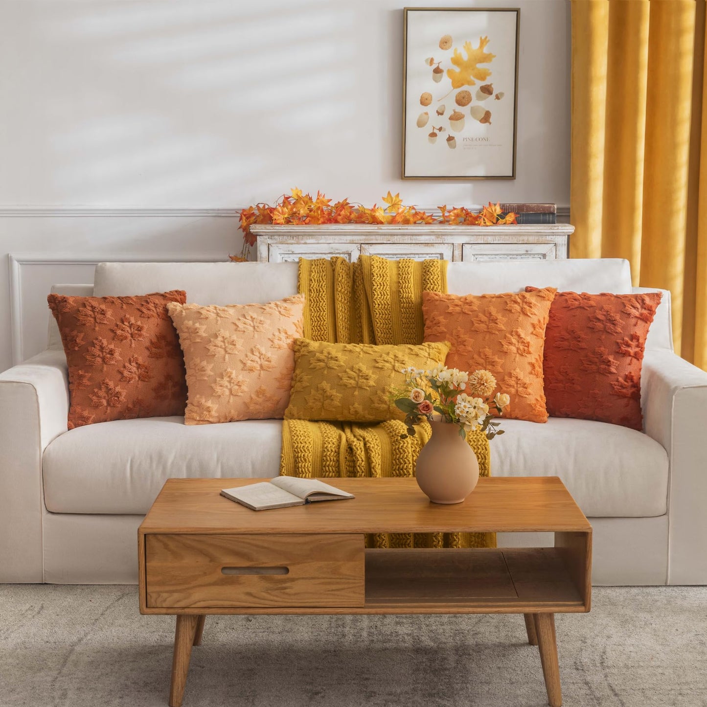 COSIBONO Maple Leaf Fall Throw Pillow Covers 20"x20" Set of 2, Light Gold Farmhouse Decorative Pillow Covers for Autumn Harvest Holiday Accent Pillow Cases, Faux Fur Pillow Covers for Couch Bed Room