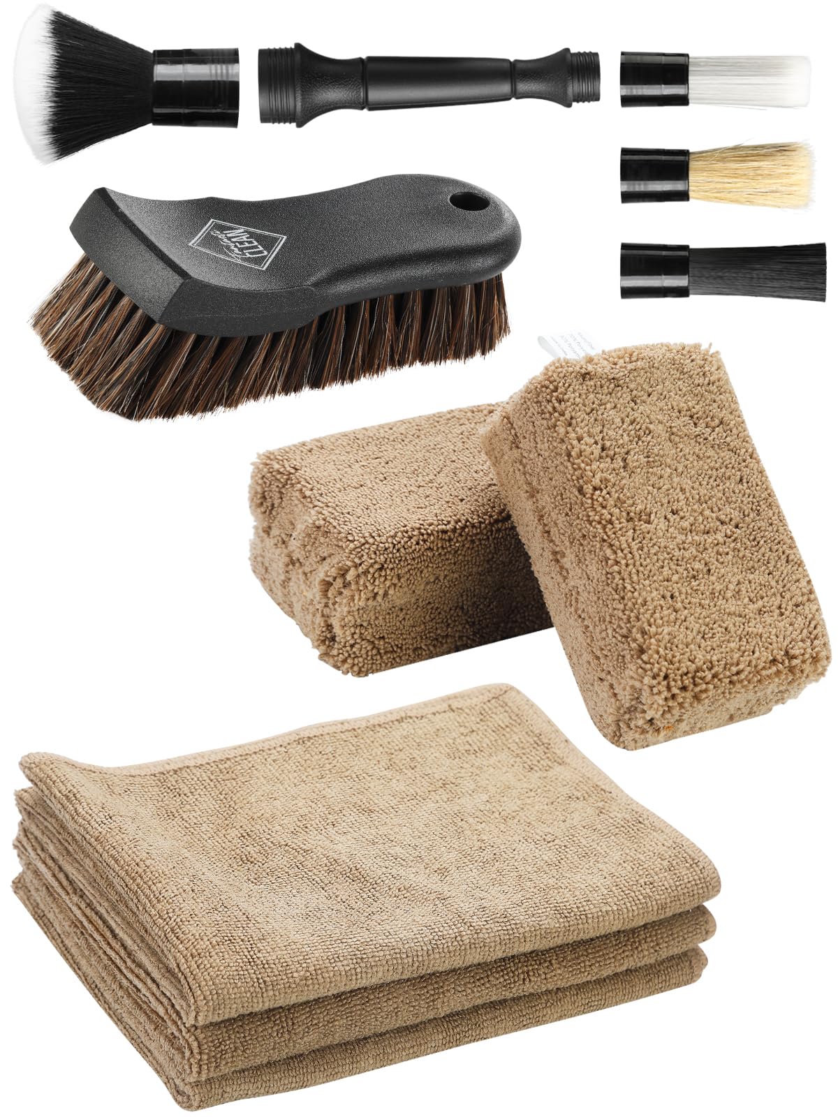 Fantasticlean 9PCS Car Interior Detailing Set, Microfiber Cloth & Applicator, Double-Head Detailing Brushes, Natural Bristles, Scratch-Free, Ultra-Soft for Seats Leather Care or Cleaning