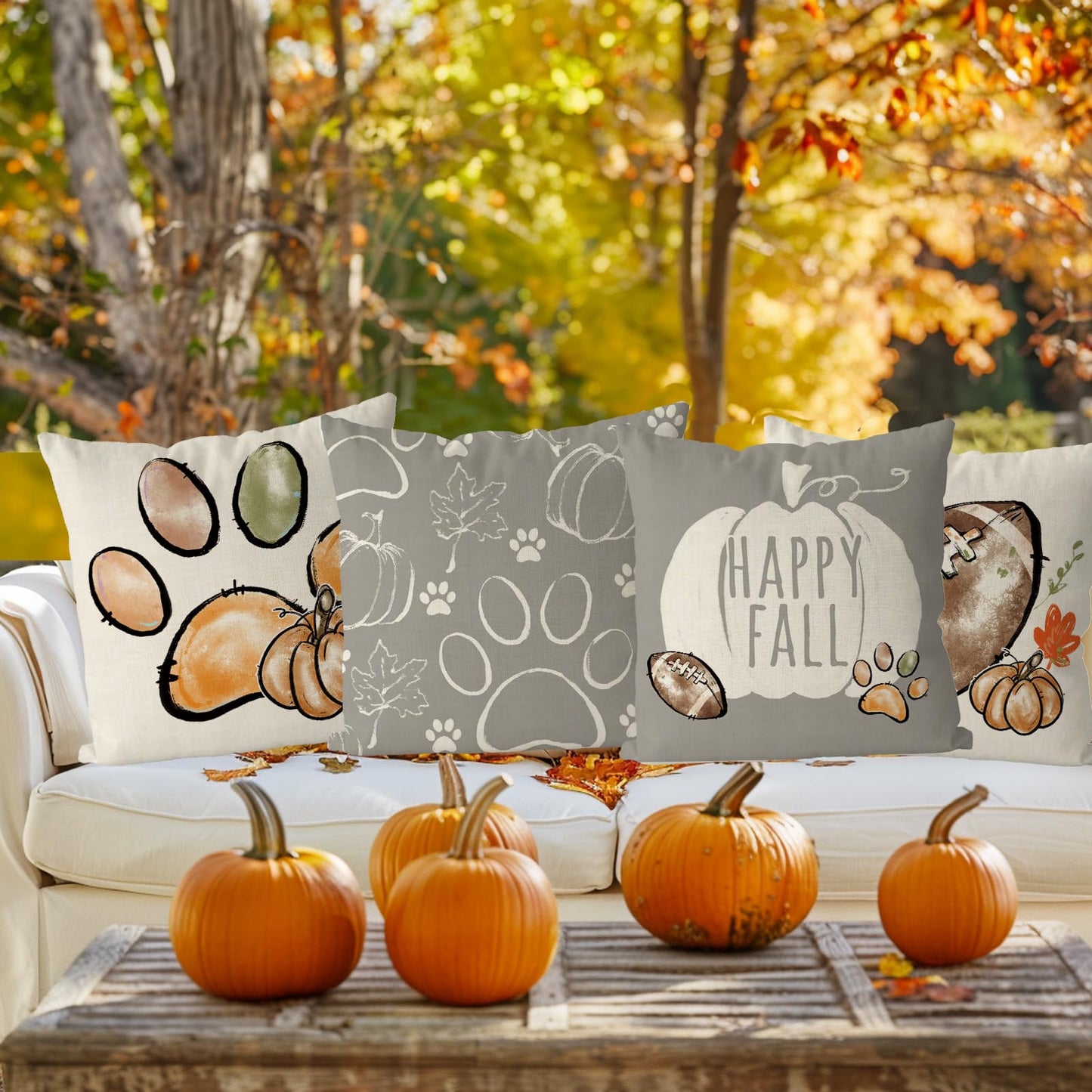 QIONG MENG Fall Pillow Covers 18x18 Inch Set of 4 Football Dog Paws Throw Pillow Covers Pumpkins Autumn Harvest Pillowcase Farmhouse Home Decorations Sofa Bedroom Cushion Case