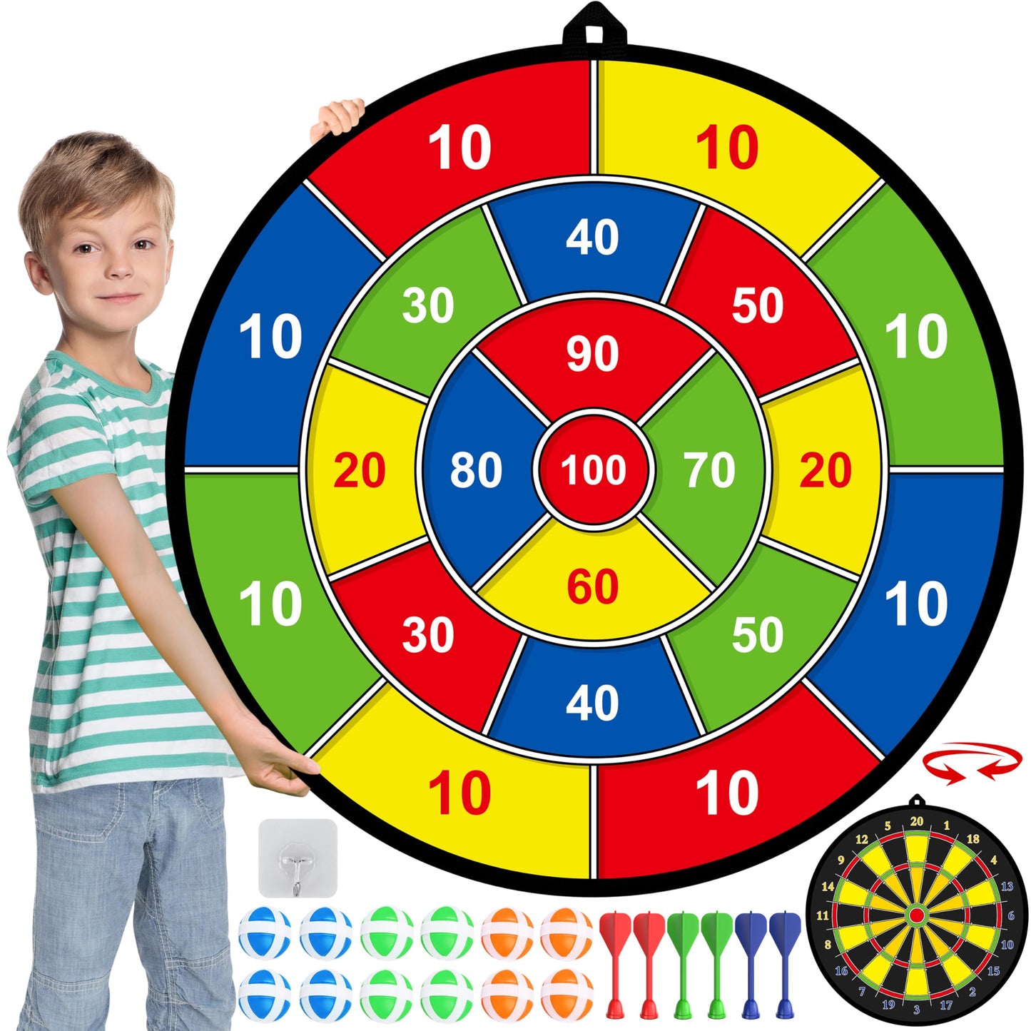 Large Dart Board for Kids, Kids Double-Sided Dart Board with Sticky Balls and Darts, Indoor/Outdoor Sport Fun Party Play Game Toys, Gifts for 3 4 5 6 7 8 9 10 11 12 Year Old Boys Girls