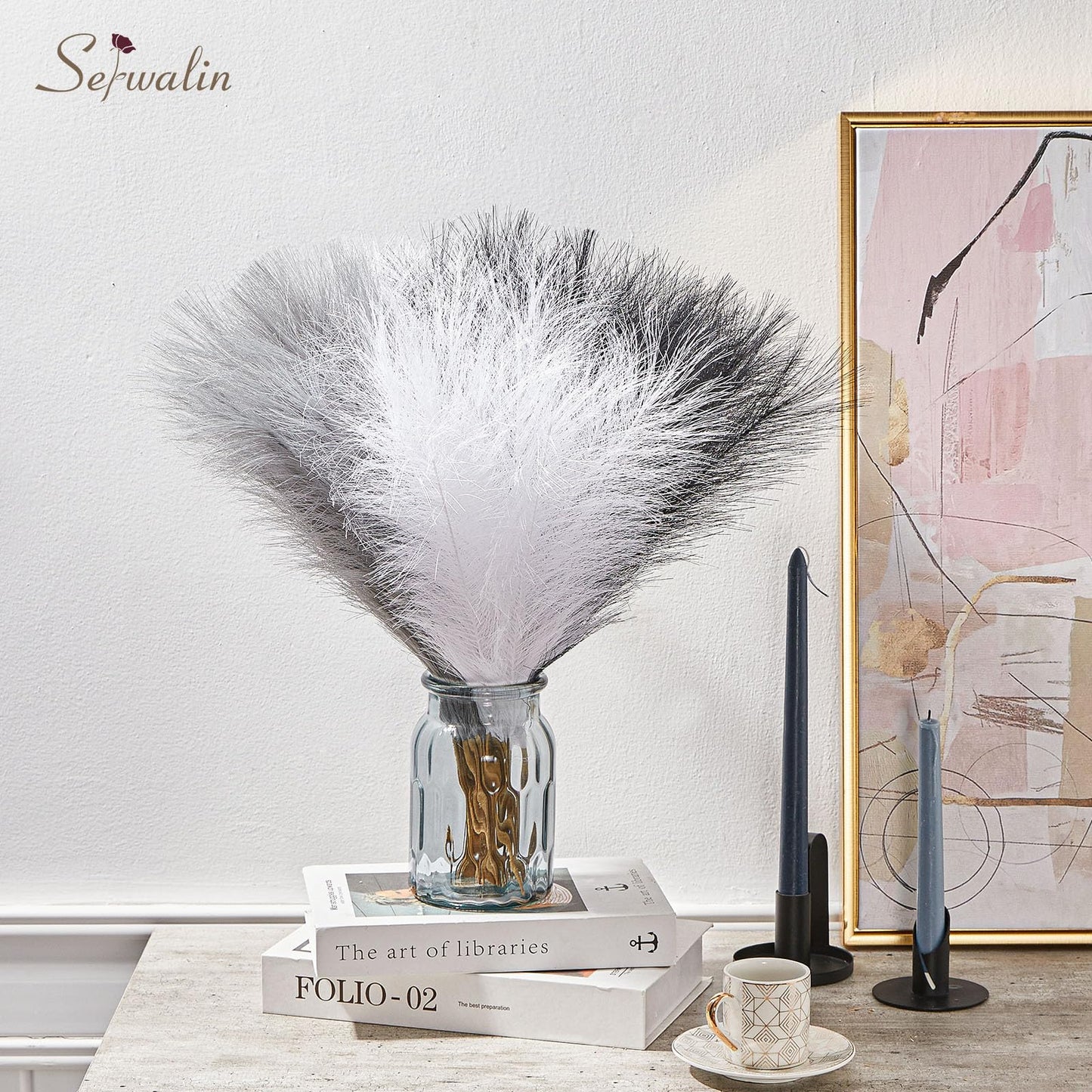 Serwalin 60Pcs Black Pampas Grass Decor, 17'' Faux Pampas Grass, Fluffy Artificial Pompous Grass Vase Filler Flower Arrangement for Living Room Decor Wedding Party Home Decor (Black＆White＆Gray)