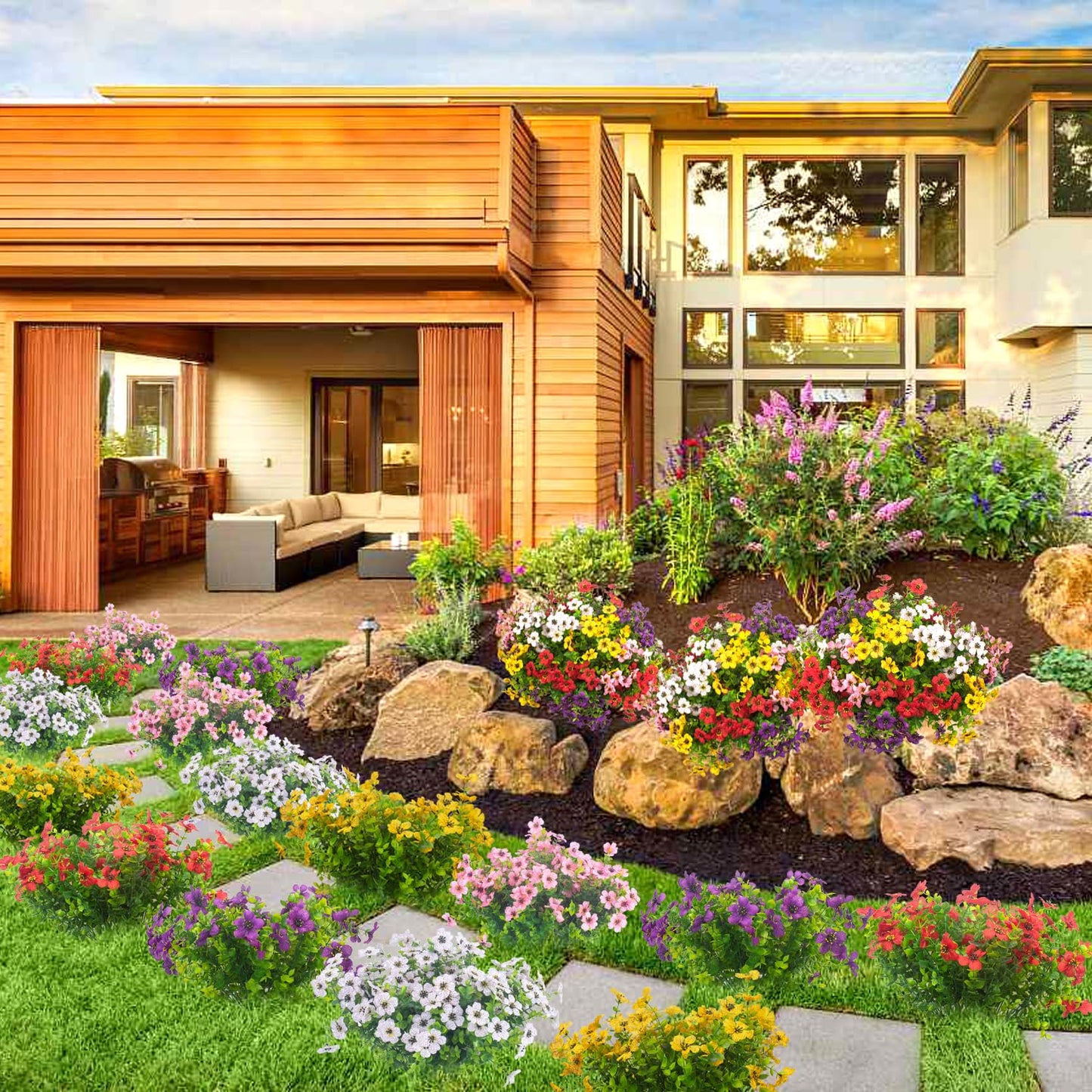 20 Bundles Artificial Flowers for Outdoors, UV Resistant Fake Plants Flowers Greenery Shrubs Plants for Decoration Outside Plants Hanging Planter Home Garden Decor