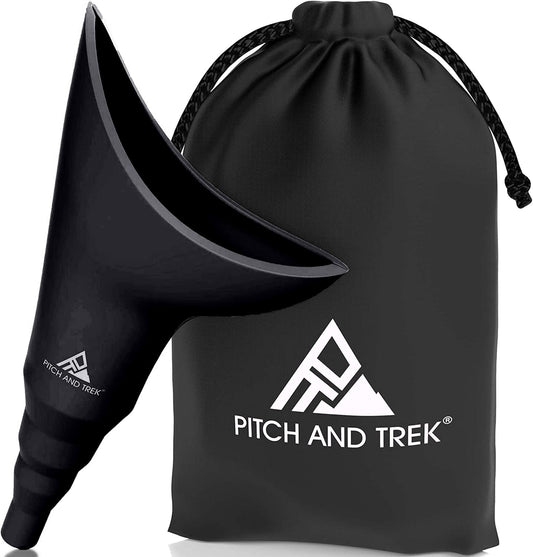 Pitch and Trek Female Urination Device, Silicone Standing Pee Funnel w/Discreet Carry Bag, for Travel, Road Trip, Festival, Camping & Hiking Gear Essentials for Women, Black