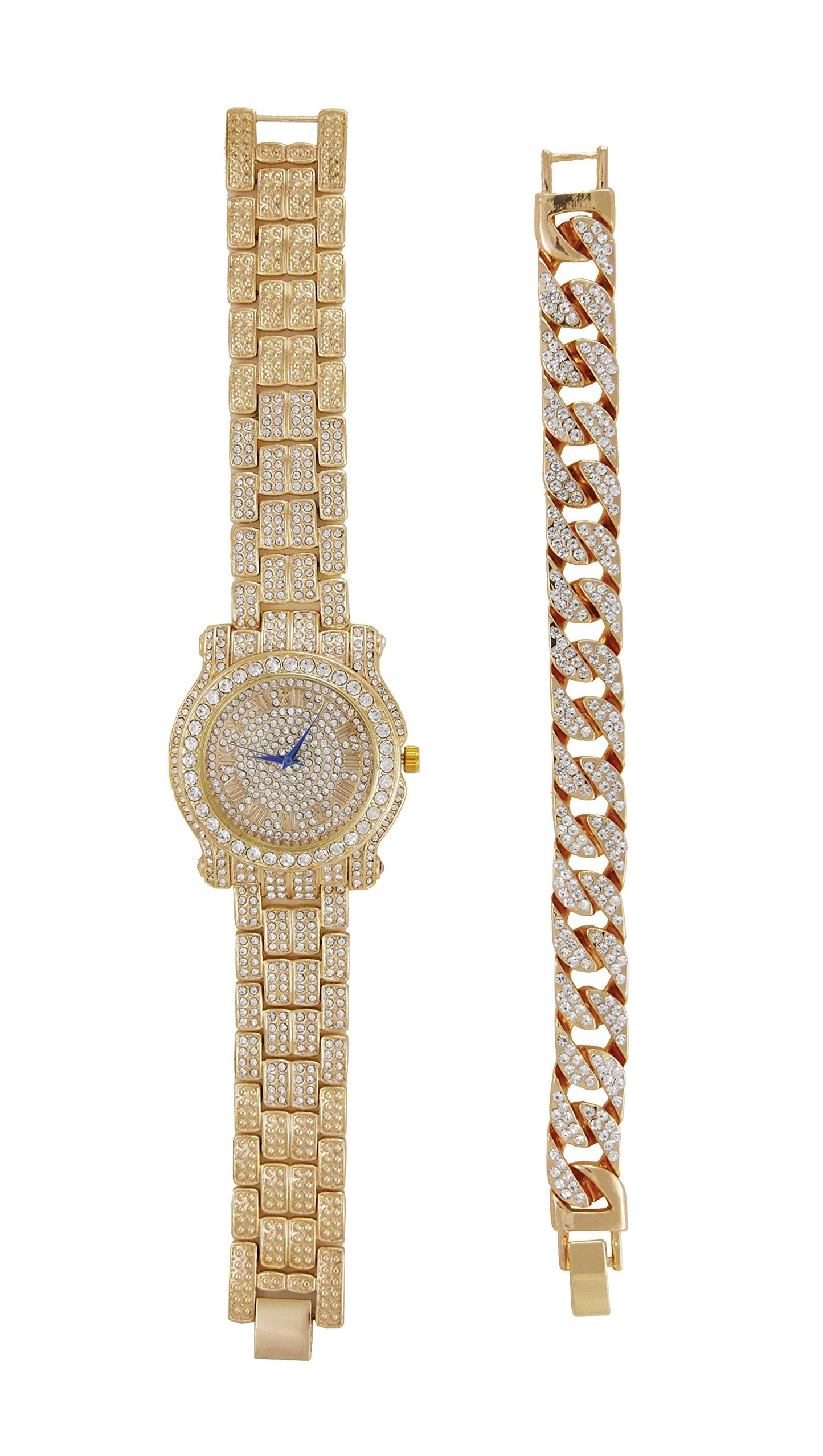 Charles Raymond Bling-ed Out Silver Round Luxury Mens Watch w/Bling-ed Out Cuban Bracelet - L0504B - Cuban (Gold)