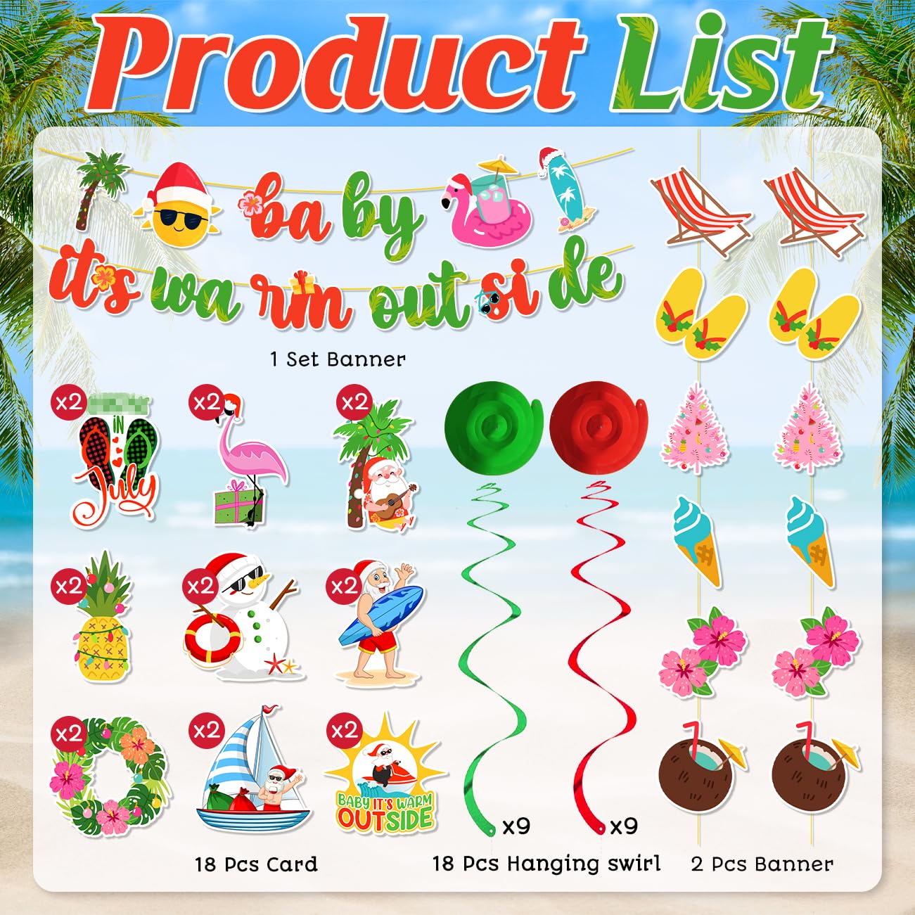 Baby It's Warm Outside Banner Decorations 48Pcs Hawaii Mele Kalikimaka Christmas Decorations Including Banner Hanging Swirls for Summer Beach Party Supplies