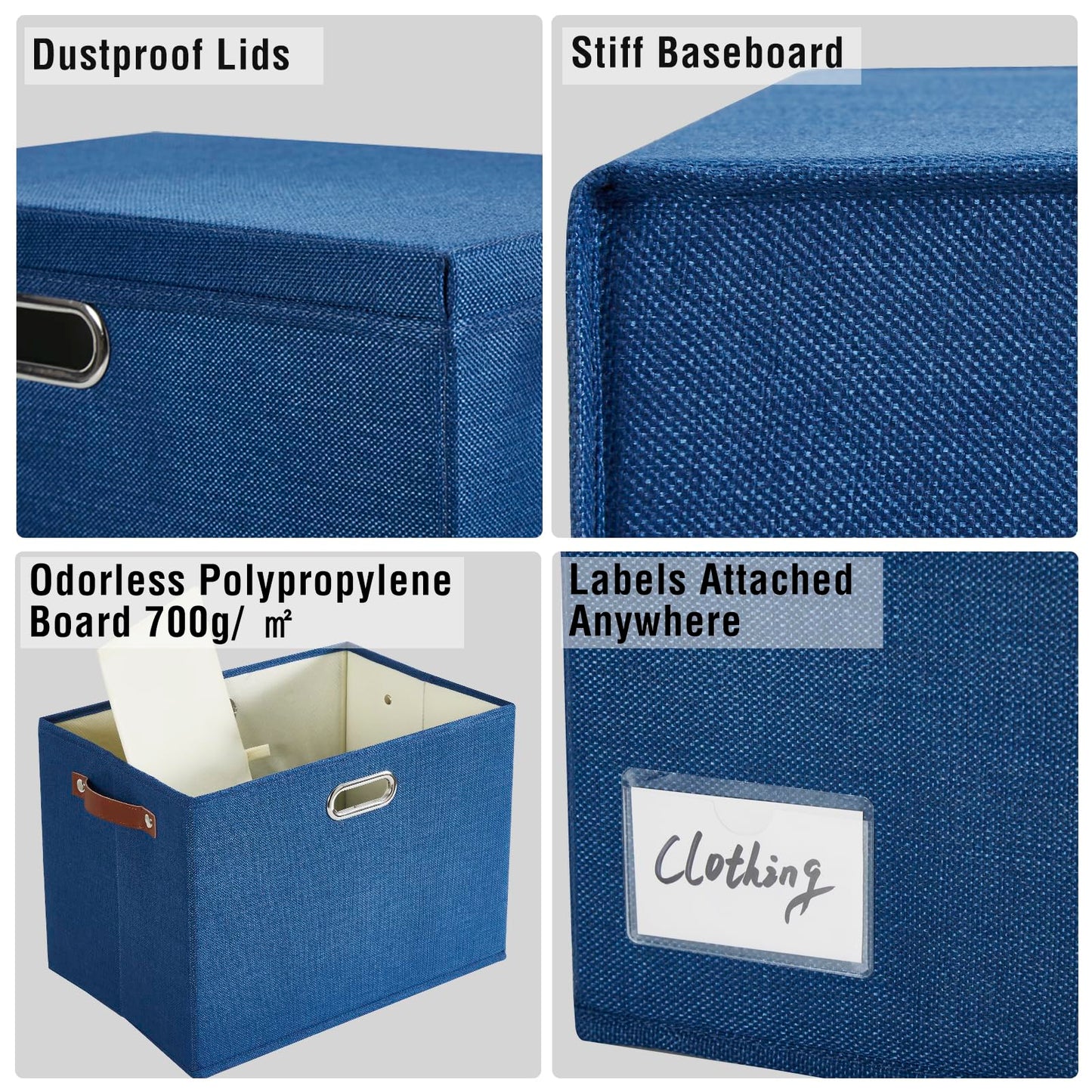 Roobyl 17" Large Collapsible Storage Bins with Lids, Stackable Closet Organizers with PU Handle and Labels, 3-Pack Decorative Fabric Storage Boxes for Home, Bedroom, Closet, Office, Nursery(Navy)