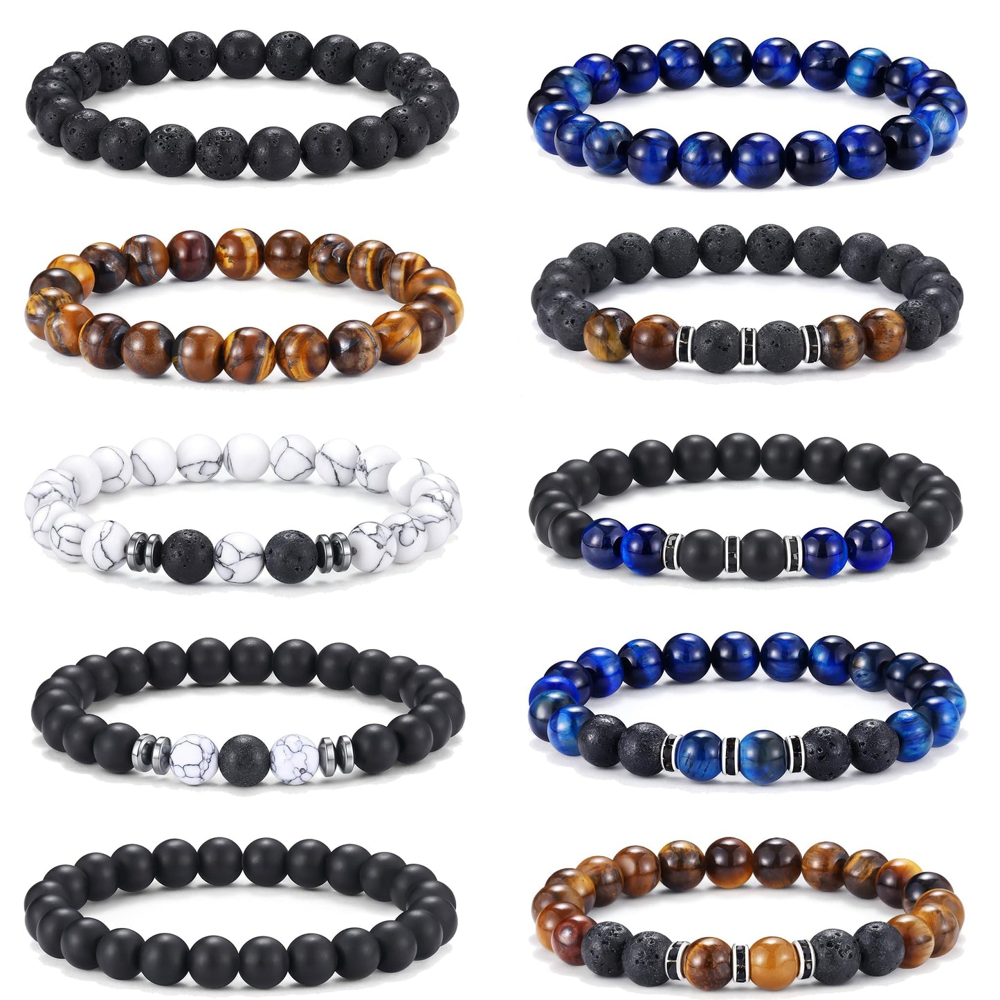 Jewdreamer 10PCS Tiger Eye Bracelet For Men 8MM Natural Stone Beads Bracelet Set Stretch Lava Rock Bracelets Adjustable Black Crystal Beaded Bracelet for Men Women Gifts