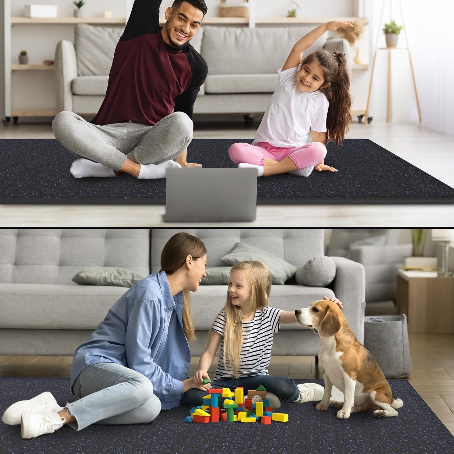 POWER GUIDANCE Gym Flooring Exercise Mats for Home Gym, 0.56 In Thick Gym Floor Mat with Rubber Top, Interlocking Puzzle Foam Flooring Mats (A. Black+10% Blue (8 Tiles) - 32 Ft Sq)