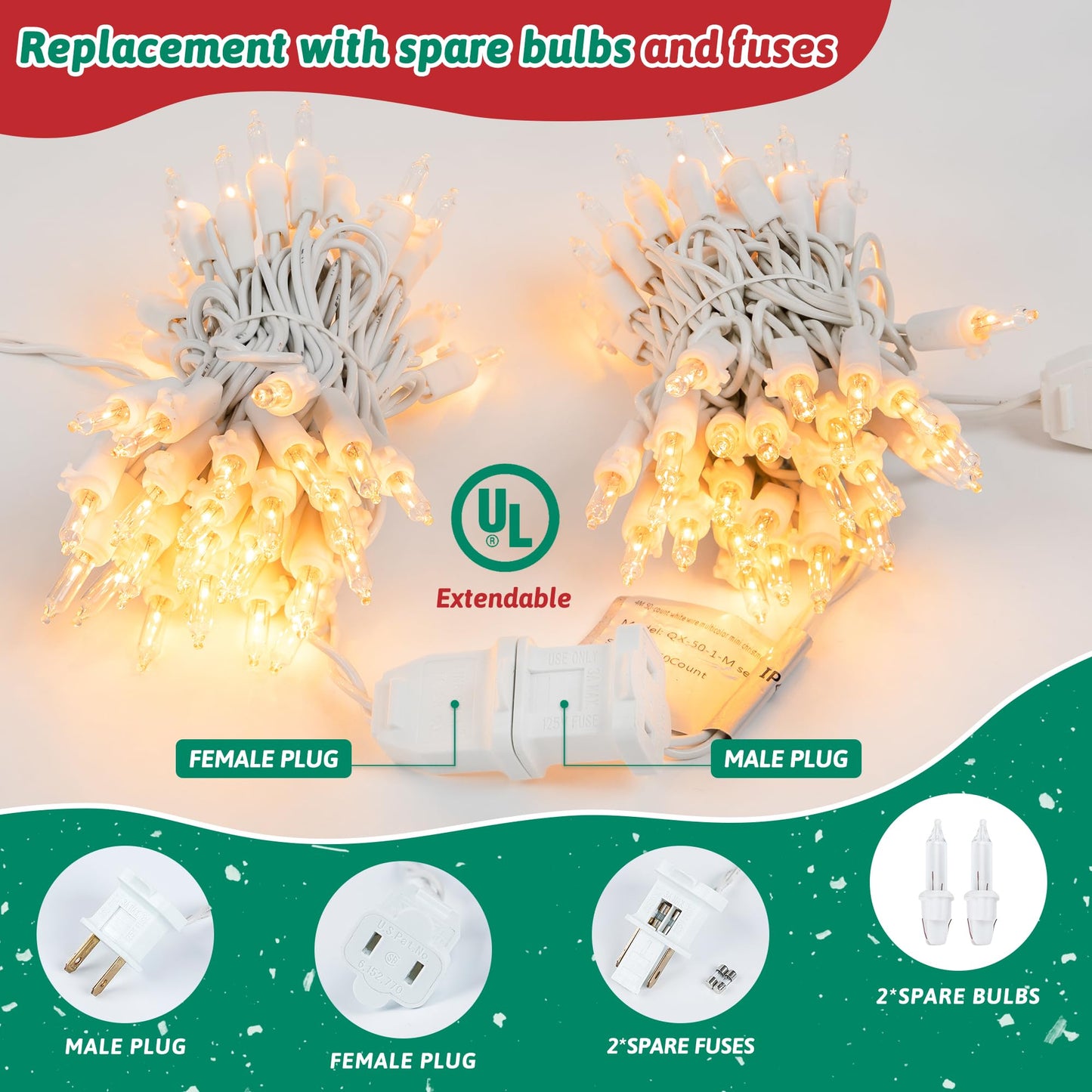 HEYFUNi Clear Christmas Lights Set,50 Count 13Feet Incandescent Bulb Mini String Lights for Christmas Tree Holiday Garland Party Weeding Xma Home Indoor&Outdoor Decorations,White Wire