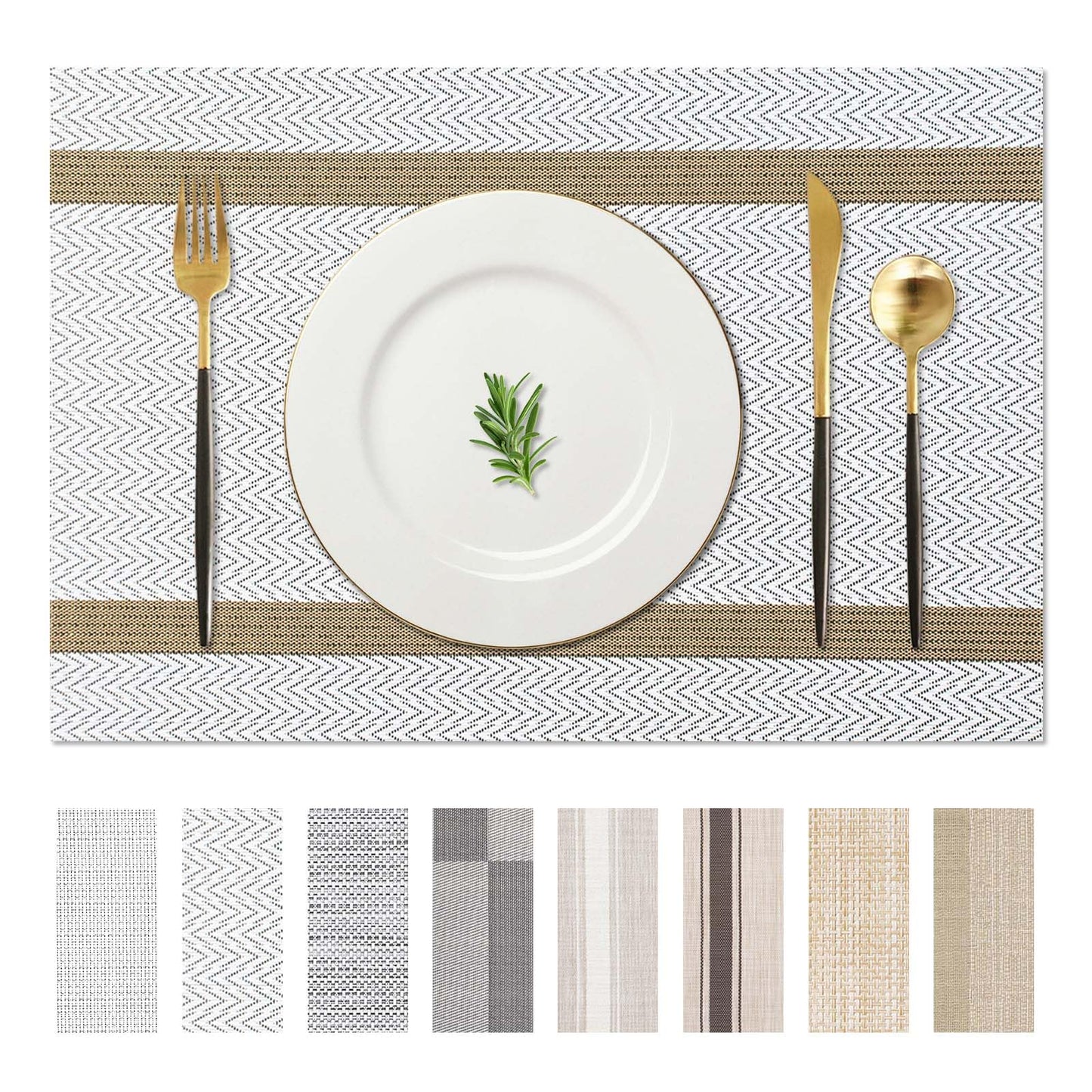 AHHFSMEI Placemats for Dining Table Set of 8 Woven Vinyl Plastic Place Mats Non-Slip Heat Insulation Stain Resistant Table Mats Washable Easy Clean Placemats (White Wave Stripe 8)