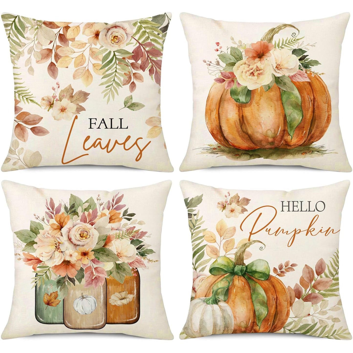 NIGHTWISH Fall Pillow Covers 18x18 Set of 4 Thanksgiving Farmhouse Decorations Leaves Pumpkin Outdoor Fall Decor Throw Pillow Covers Floral Mason Jars Harvest Autumn Cushion Case for Sofa Couch