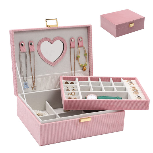Dajasan Jewelry Boxes for Women Girls, Jewelry Organizer Box, 2-Layer Large Velvet Jewelry Organizer for Rings Necklaces Bracelets Watch Earring（Pink）