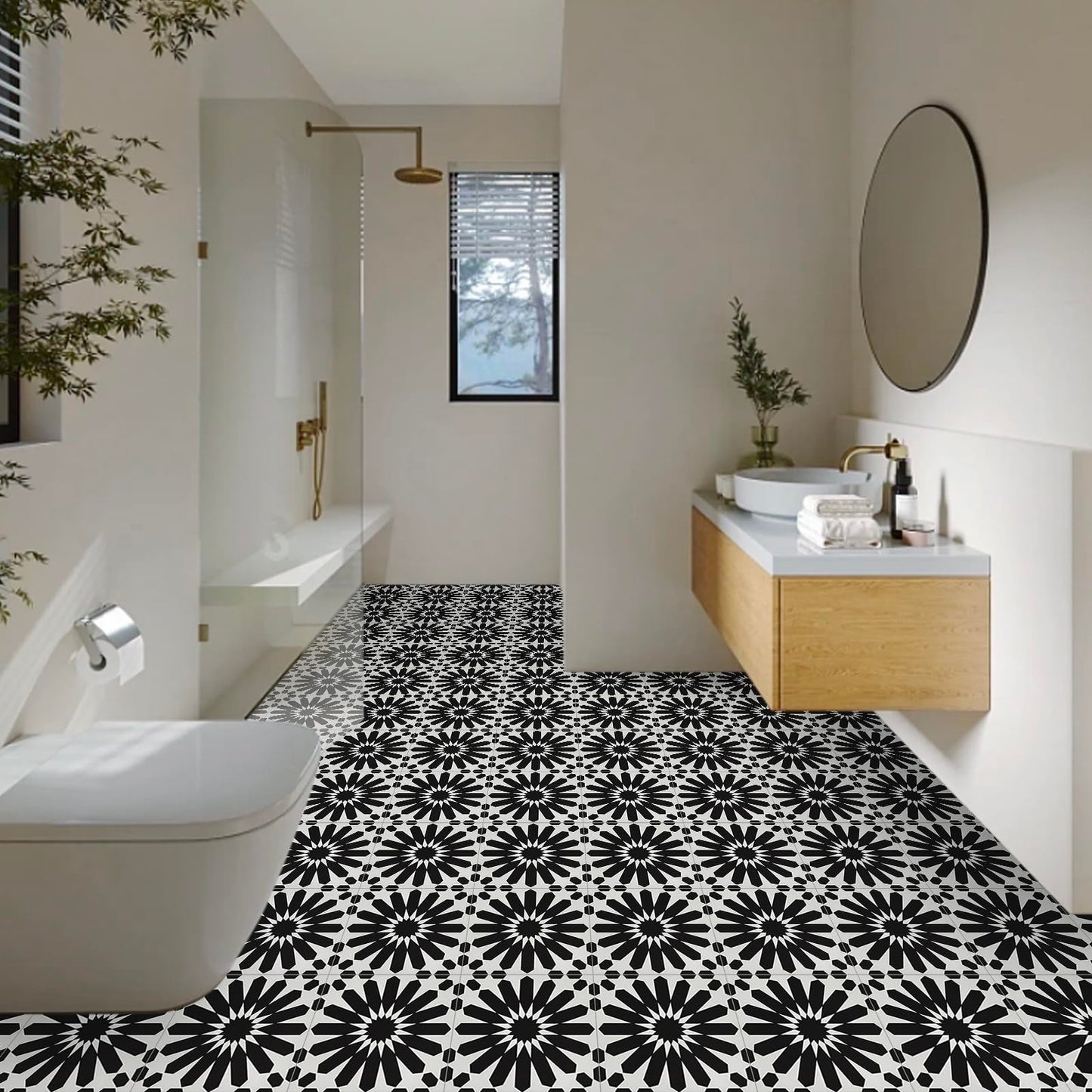 Elffloor Peel and Stick Floor Tile, Black and White Flower Waterproof Vinyl Flooring, 11.8 in×11.8 in, Peel and Stick Flooring for Bathroom, Kitchen, Bedroom, 10 Pcs