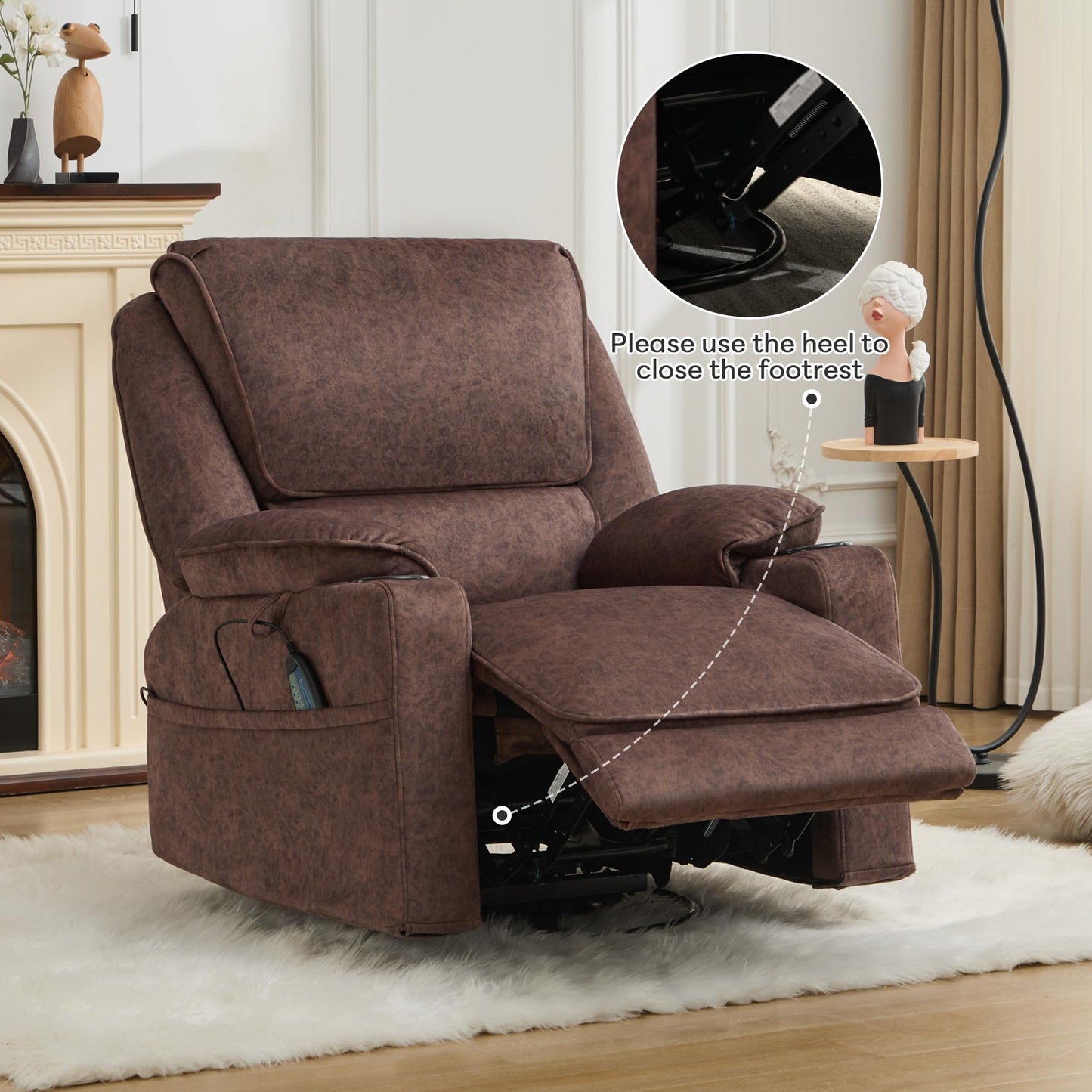 YOCONYO Massage Recliner Chair, Swivel Rocker Recliner with Heat and Vibration, 360 Swivel Manual Single Reclining Sofa with Cup Holder for Adults (Brown)