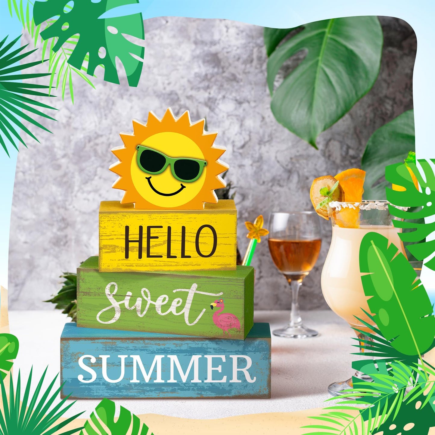 Yuntau 4 Pcs Summer Wooden Tabletop Decor Hello Sweet Summer Tiered Tray Decor Sunshine Centerpiece Rustic Summertime Decorative Block Signs Gift Farmhouse Table Decoration for Home Kitchen