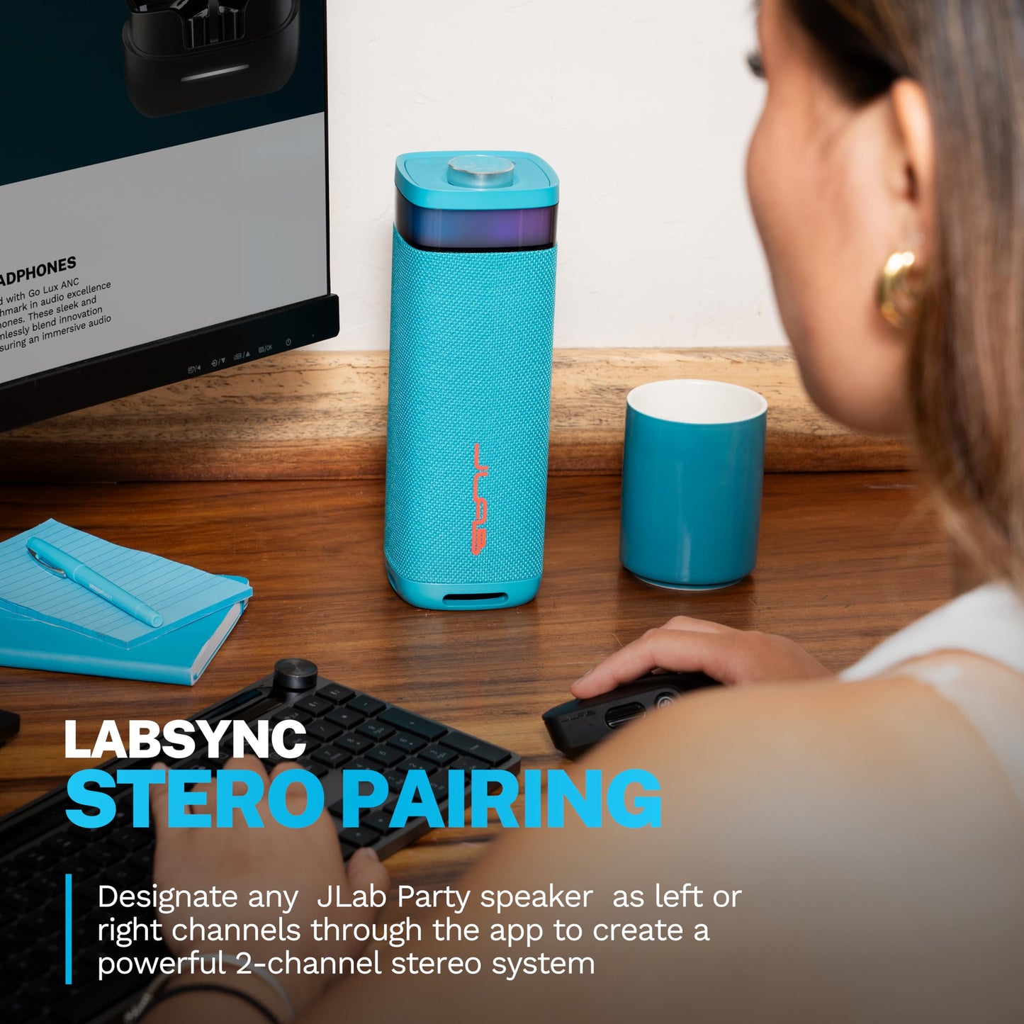 JLab JBuds Party Portable Bluetooth Speaker, 2 Full-Range Drivers + 2 Passive Woofers, IPX6 Waterproof, 12 Hours Playtime, Connect Multiple Speakers, Custom Sound + RGB Lighting via App, Cyan