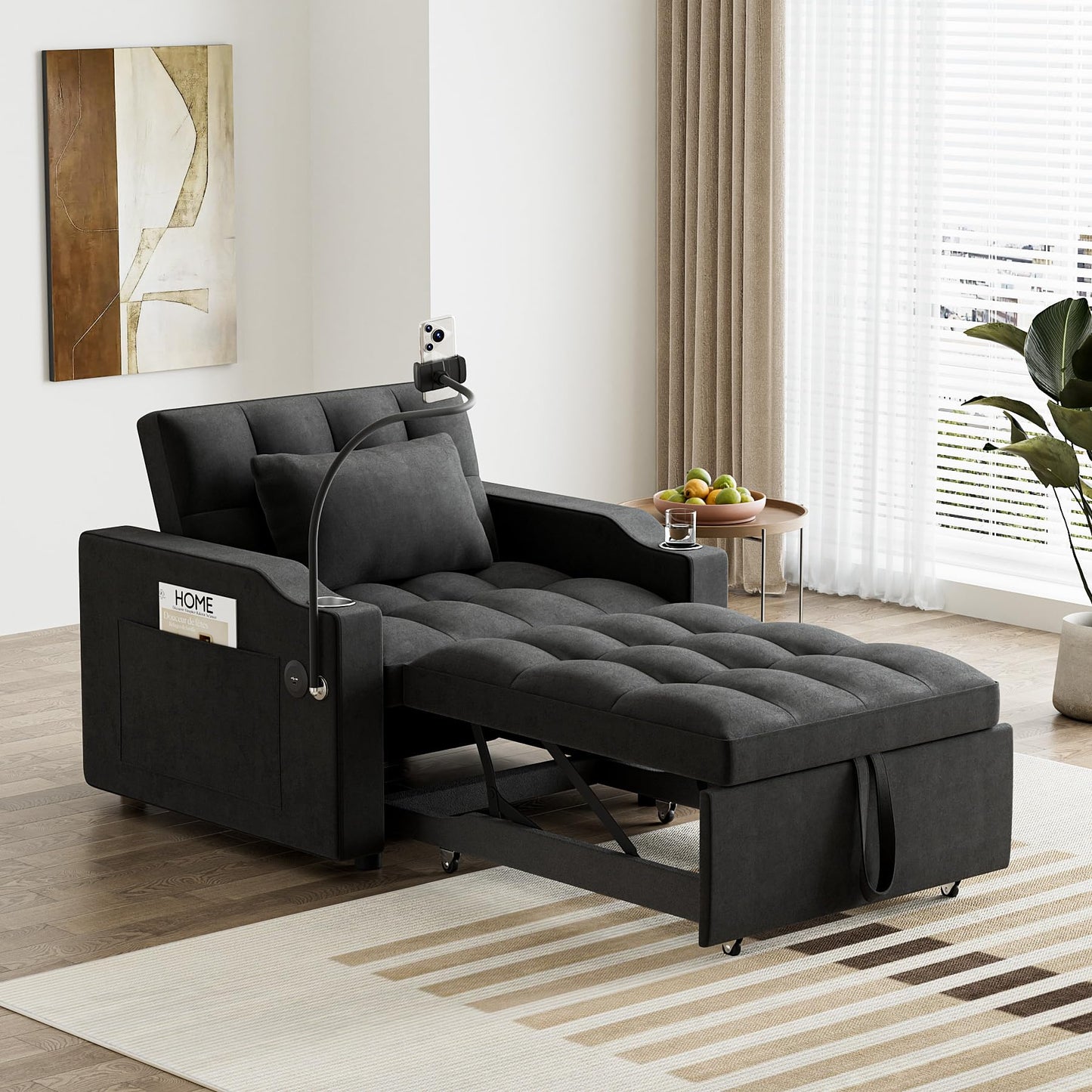 Wrofly 3 in 1 Single Sleeper Sofa Chair with Pullout Bed, Convertible Pull Out Couch with Adjustable Backrest, Modern Chaise Lounge with USB Port for Living Room, Small Spaces, Black Velvet