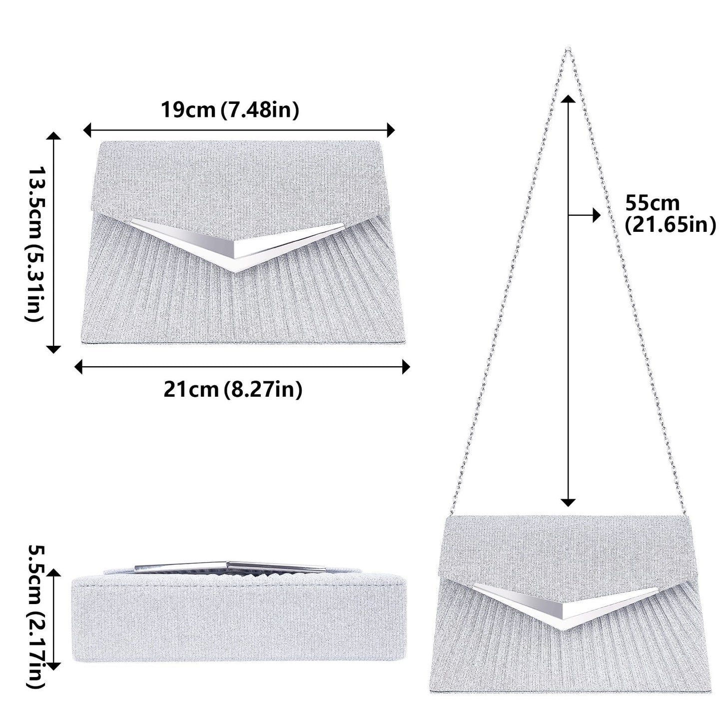 Larcenciel Women's Evening Handbags, Sparkly Pleated Silver Evening Purse with Metal Chain, Elegant Sequins Clutch Purses For Wedding Guest Formal Cocktail Prom Party Disco Club, 8.3x2.1x5.3inches