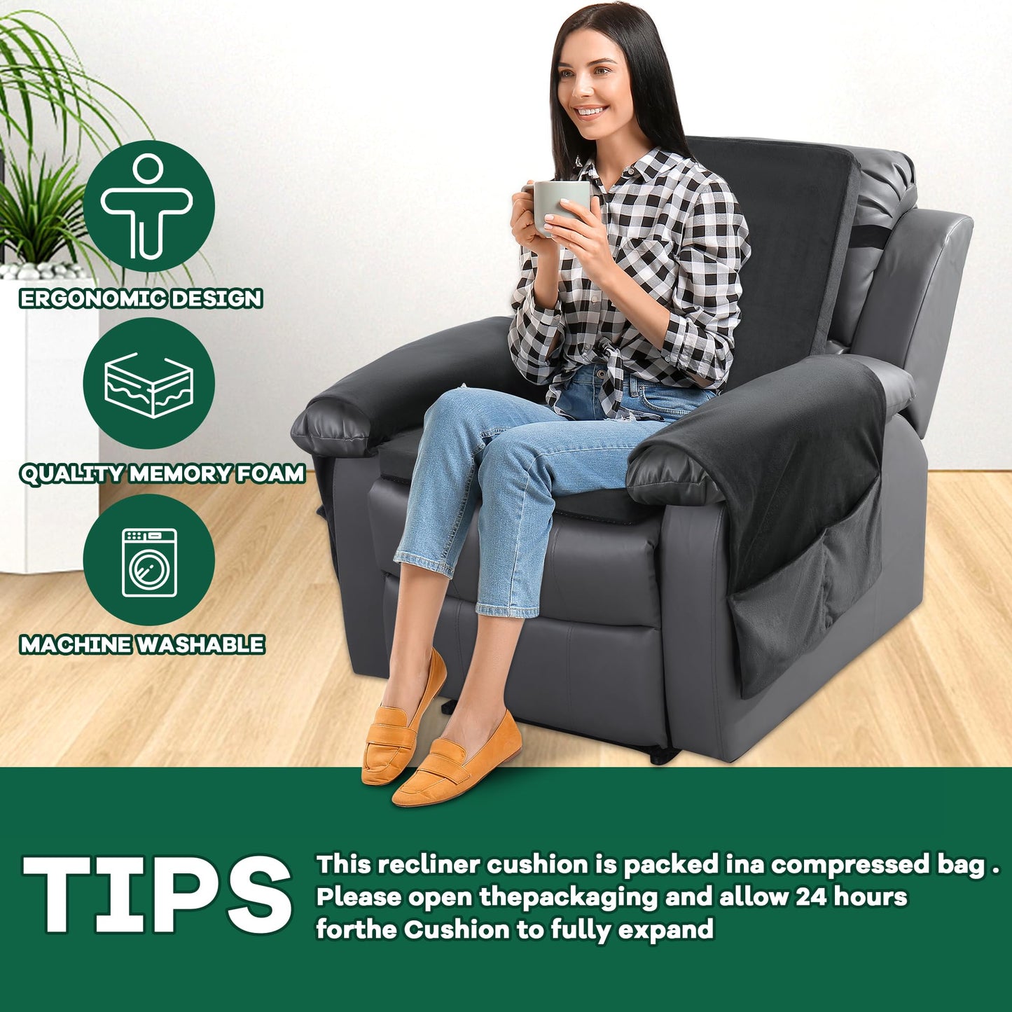 HOMBYS Recliner Chair Cushion for Elderly with Lumbar Support Pillow & Recliner Armrest Cover, 20"x20" Memory Foam Seat Cushion Non-Slip & Supportive, Machine Washable, Black