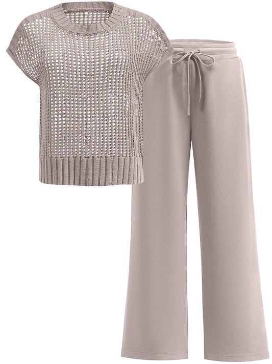 ANRABESS Women Two Piece Outfits Crochet Sheer Knit Sweater Top Wide Leg Pants Lounge Matching Sets Sweatsuit Travel Clothes light khaki X-Large