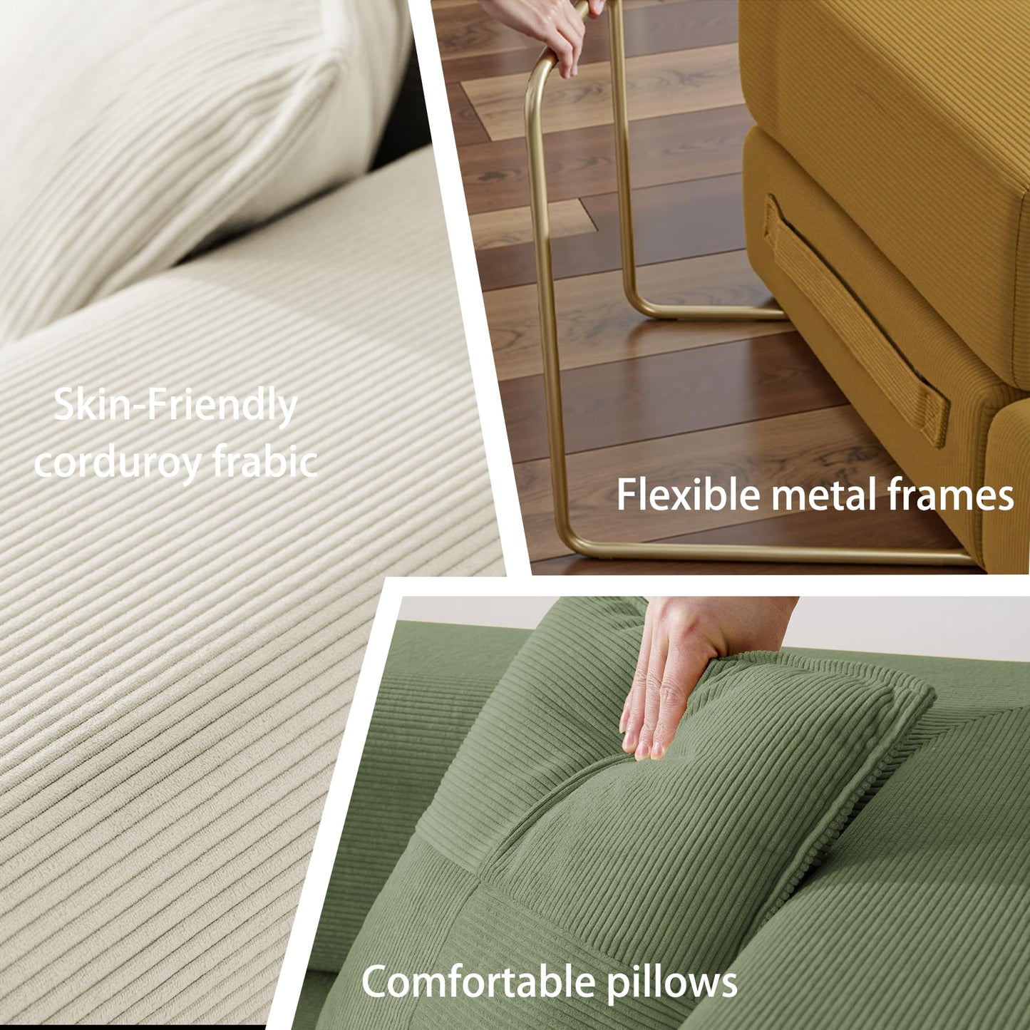 ivoros Folding Sofa Bed, Convertible Sleeper Sofa Bed with Gold Fixed-Shape Frame, Corduroy Floor Couch, Lazy Compression Sofa for Living Room, Bedroom, Home Theater, Green